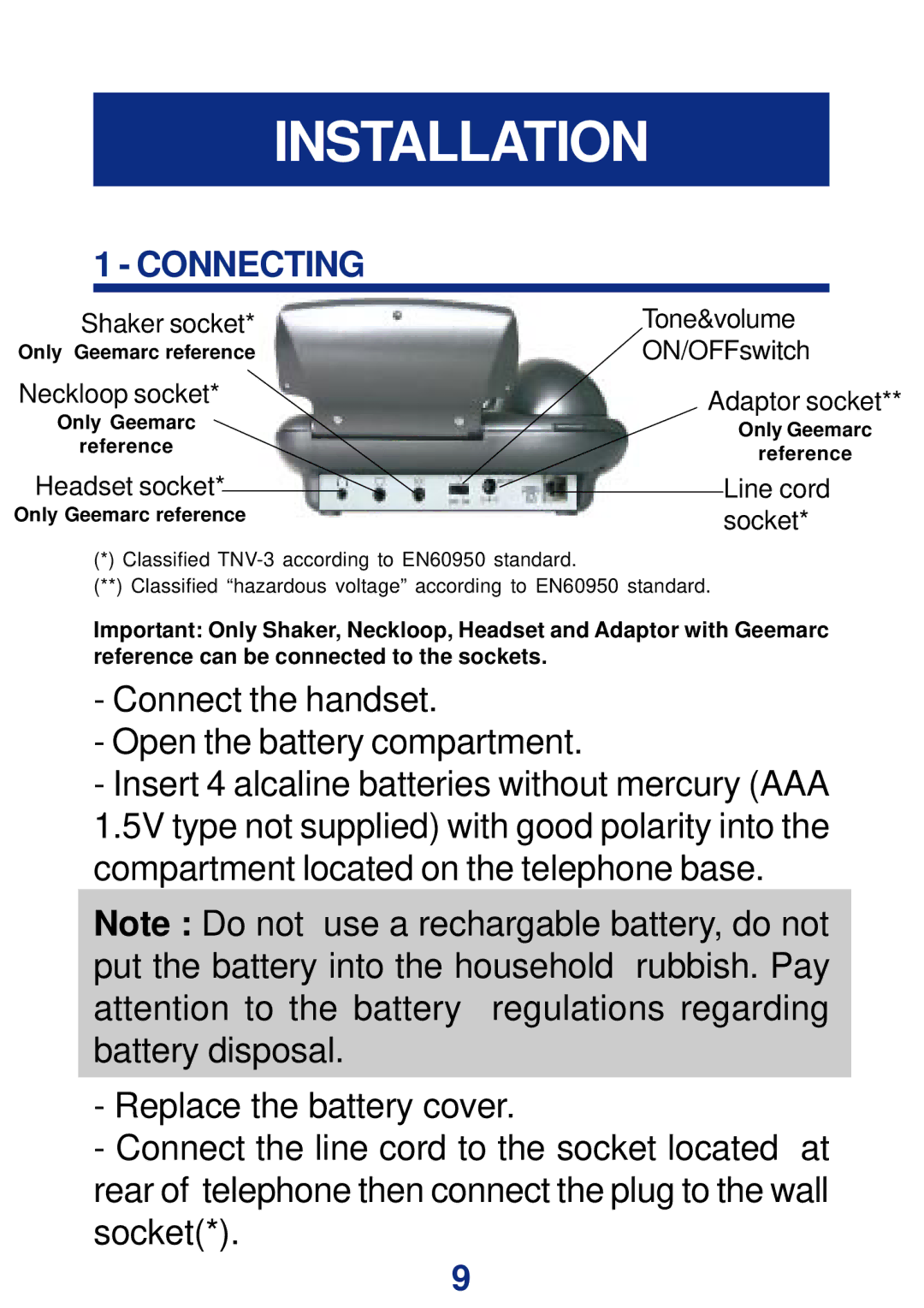 Geemarc CL400 manual Installation, Connecting 