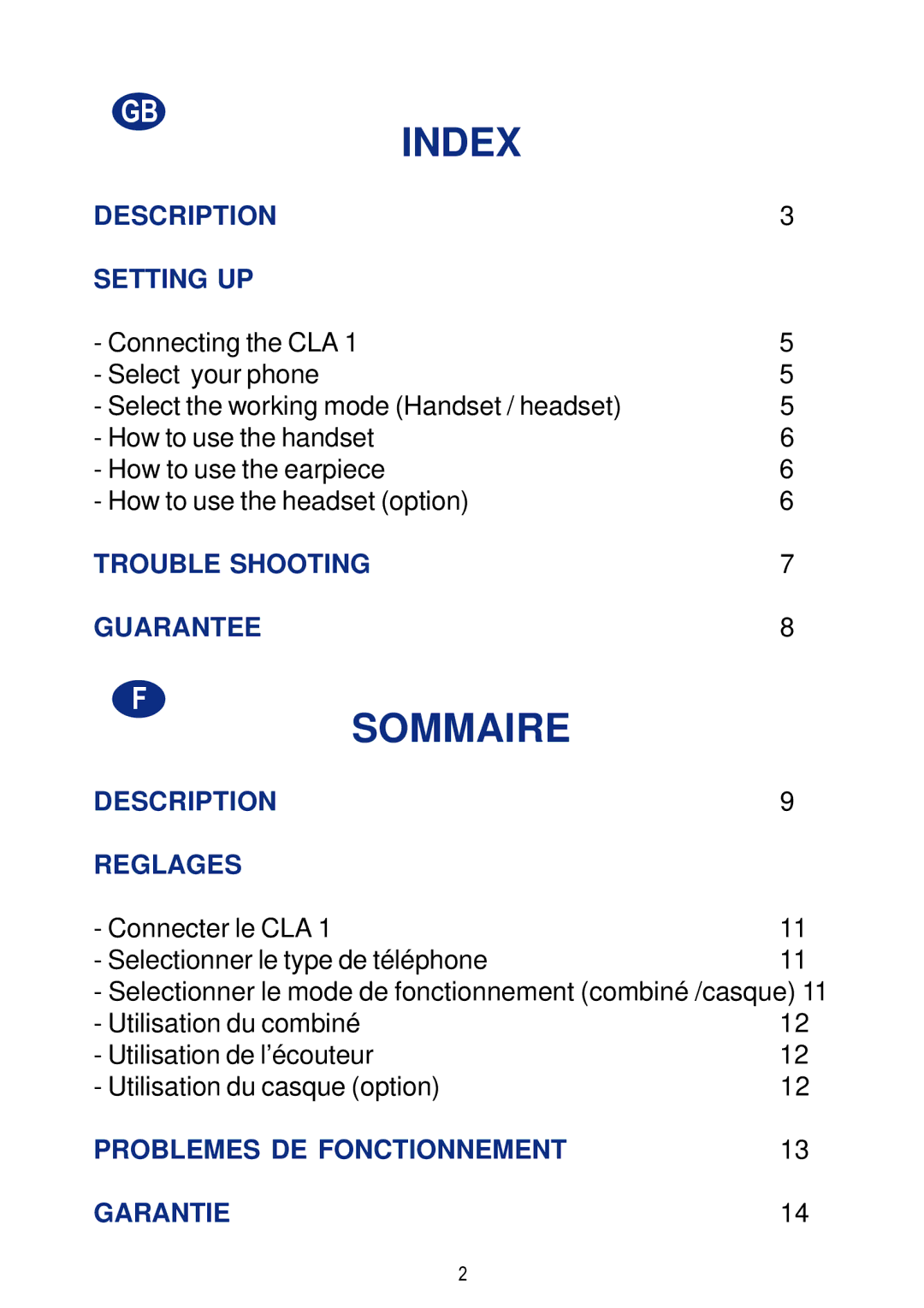 Geemarc CLA 1 manual Description Setting UP, Trouble Shooting Guarantee, Description Reglages 