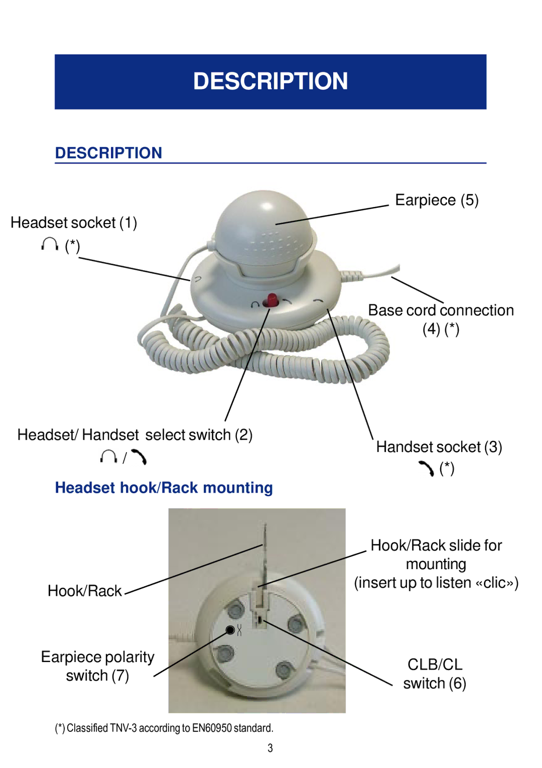 Geemarc CLA 1 manual Description, Headset hook/Rack mounting 