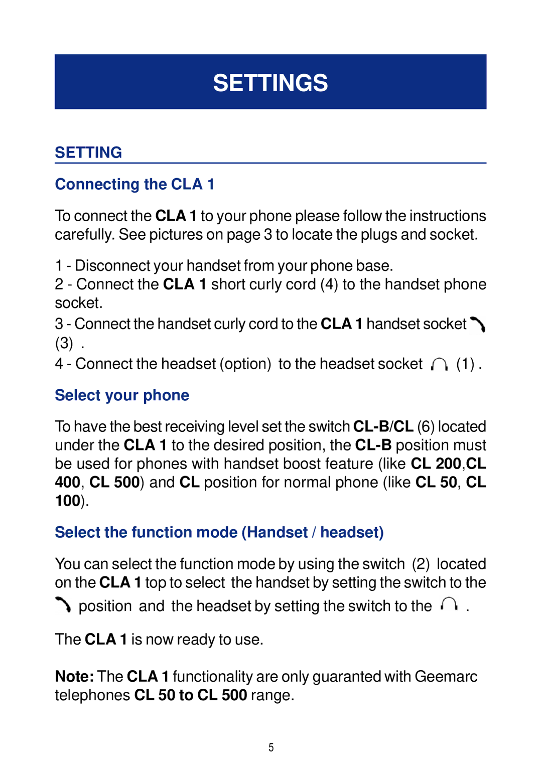 Geemarc CLA 1 manual Settings, Connecting the CLA, Select your phone, Select the function mode Handset / headset 