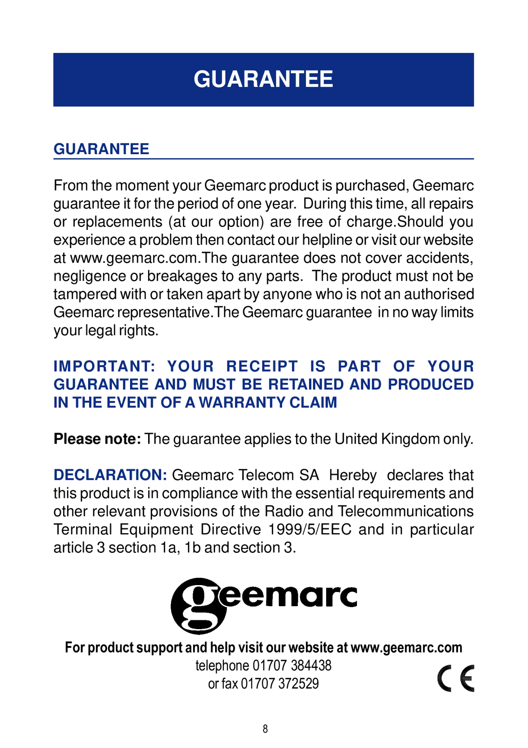 Geemarc CLA 1 manual Guarantee 