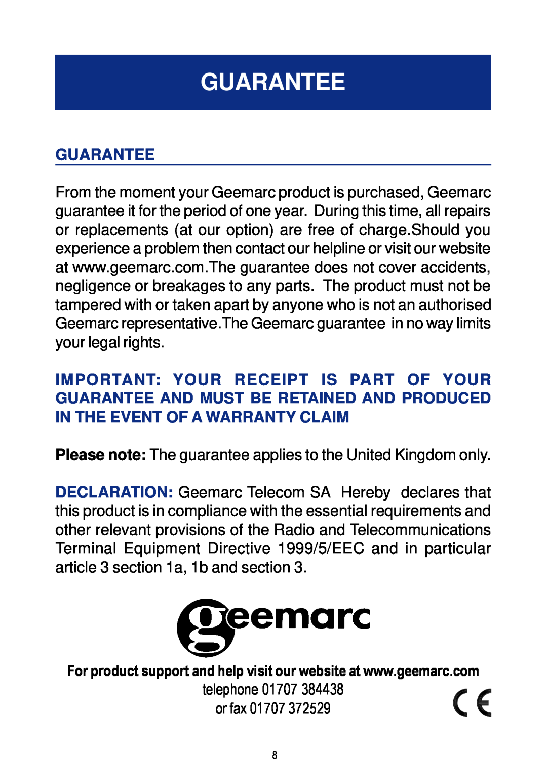 Geemarc CLA 1 manual Guarantee 