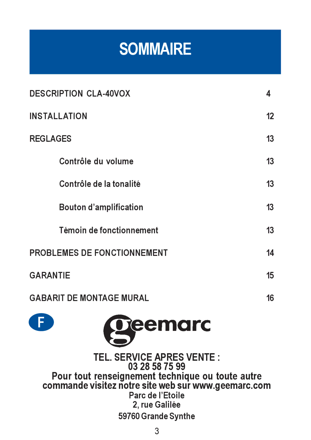 Geemarc CLA-40 VOX manual Sommaire, Description CLA-40VOX Installation Reglages 