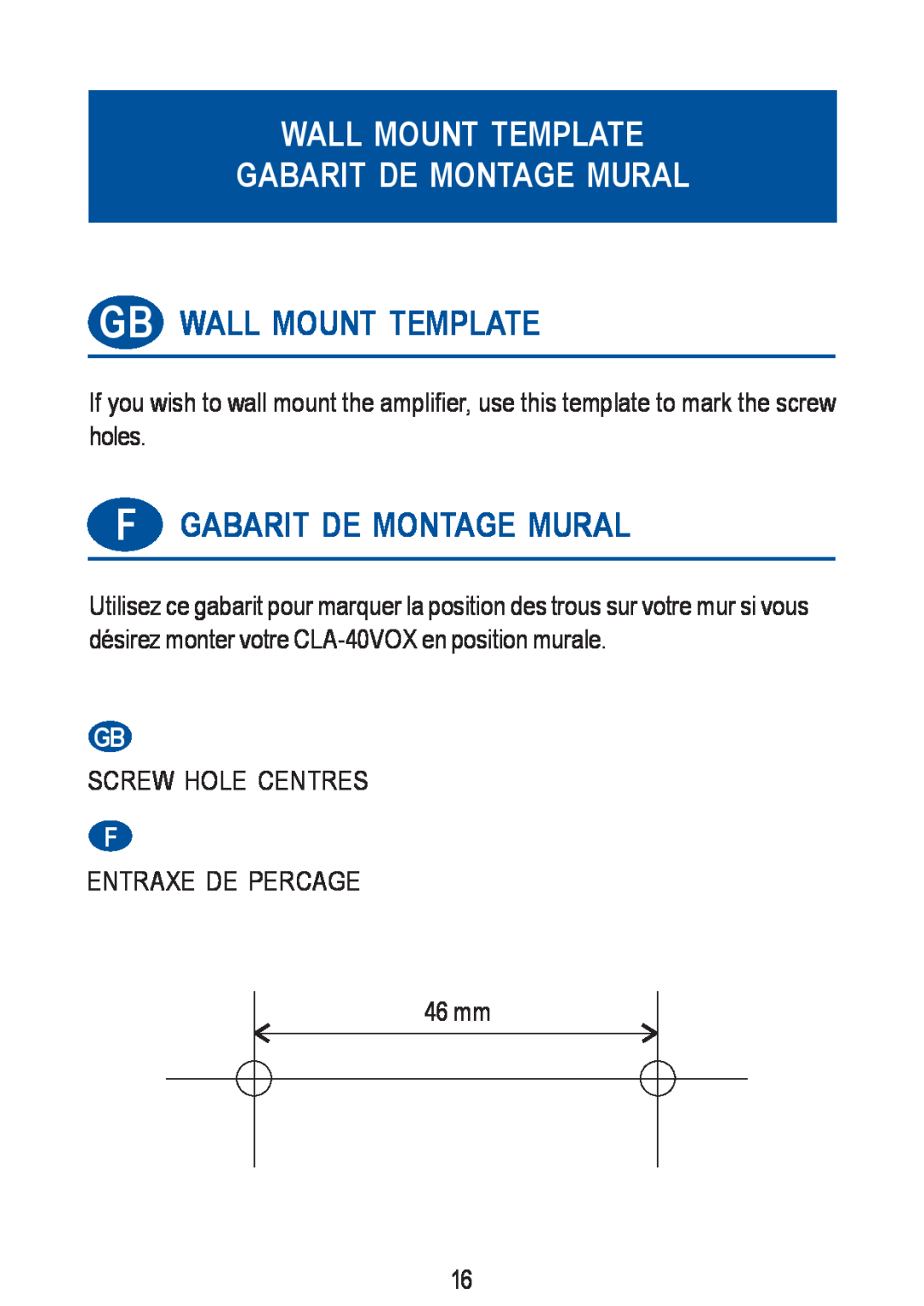 Geemarc CLA-40 VOX manual Wall Mount Template Gabarit De Montage Mural, Gb Wall Mount Template, Fgabarit De Montage Mural 