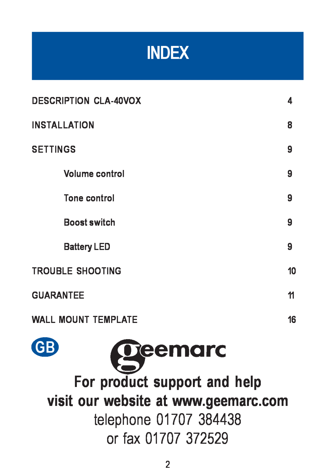 Geemarc CLA-40 VOX manual Index, For product support and help, telephone 01707 or fax 
