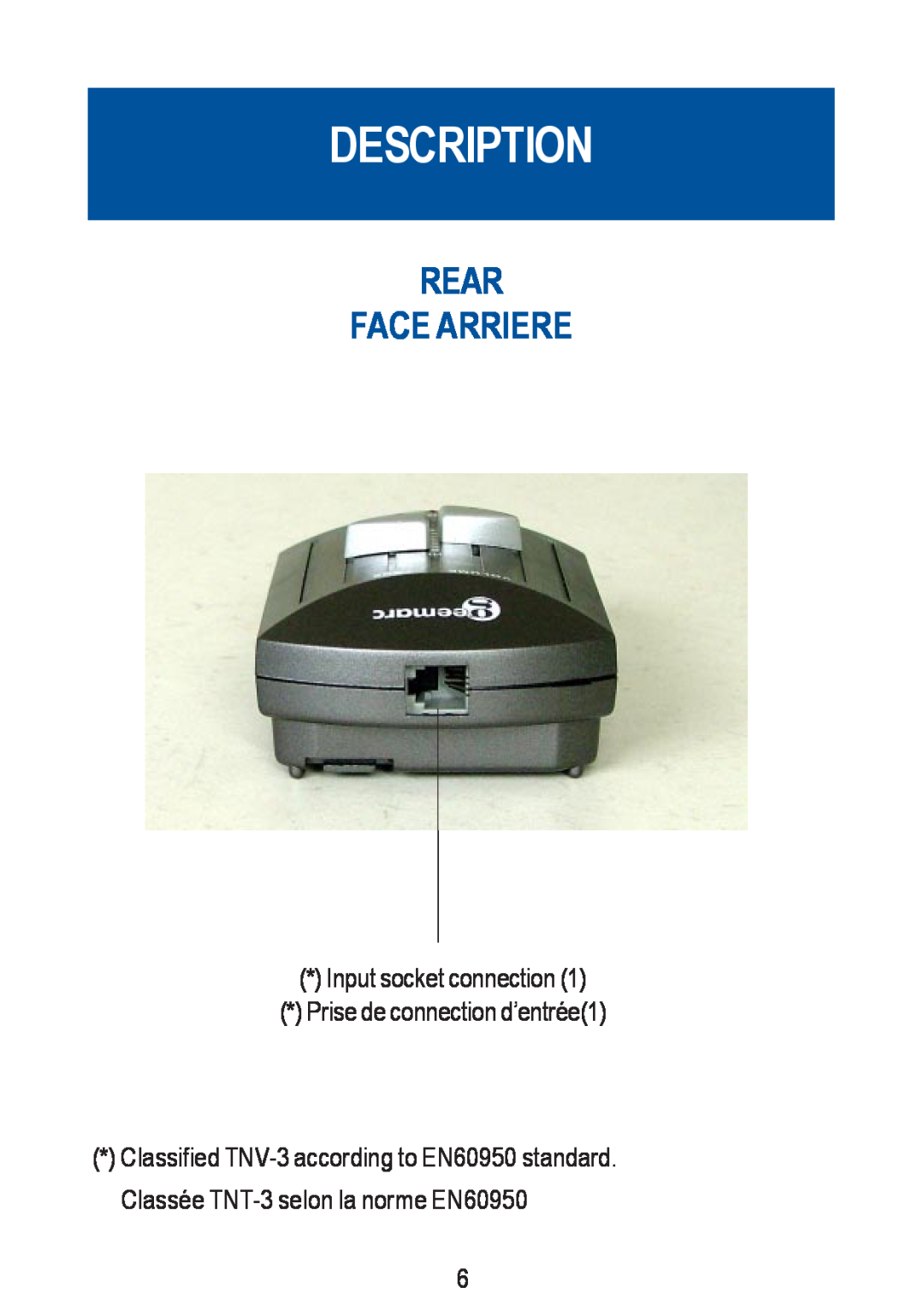 Geemarc CLA-40 VOX manual Description, Rear Face Arriere 