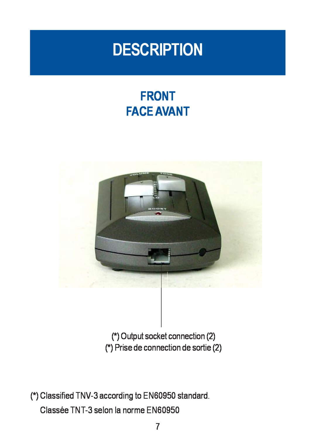 Geemarc CLA-40 VOX manual Front Face Avant, Description, Output socket connection, Prise de connection de sortie 