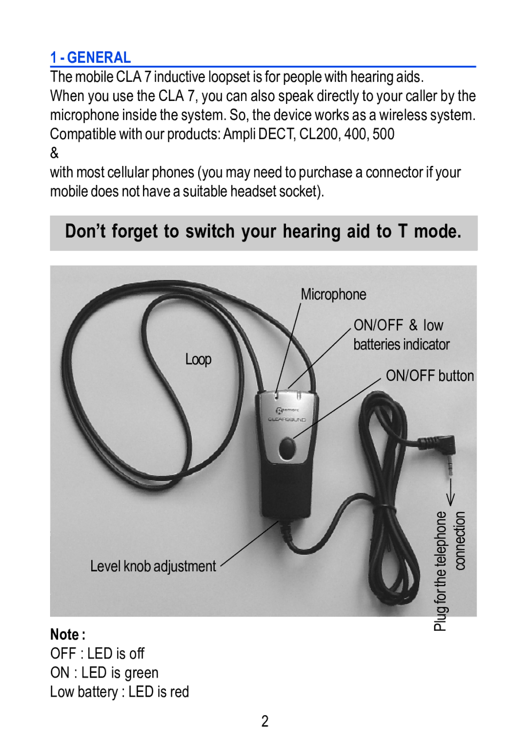 Geemarc CLA 7 manual General, ON/OFF button Telephone Connection 