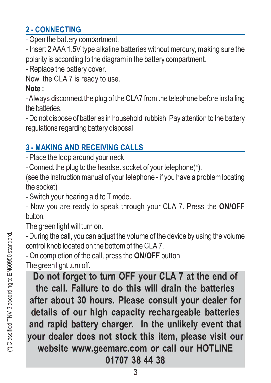 Geemarc CLA 7 manual Connecting, Open the battery compartment, Making and Receiving Calls 