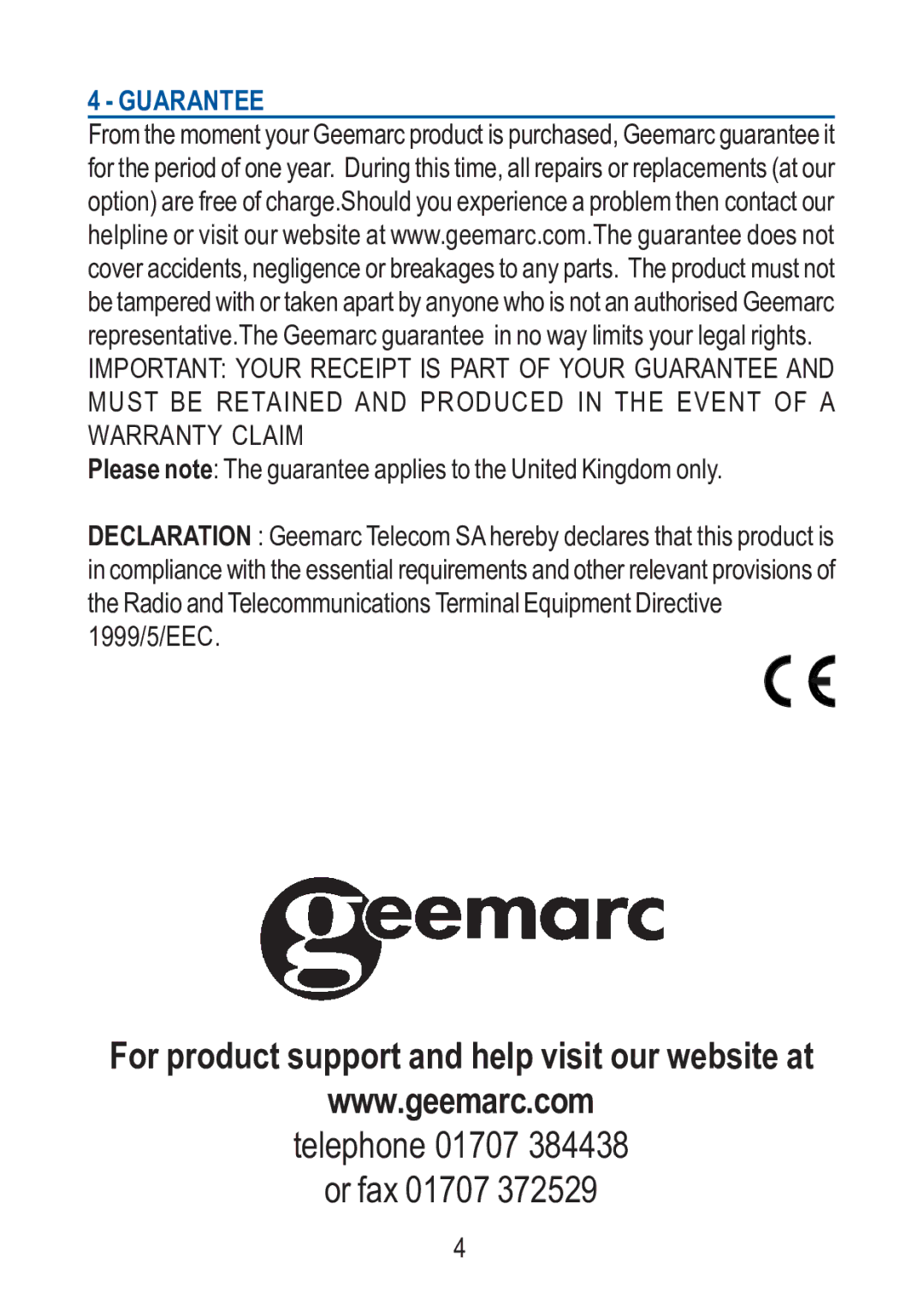 Geemarc CLA 7 manual Guarantee, Please note The guarantee applies to the United Kingdom only 