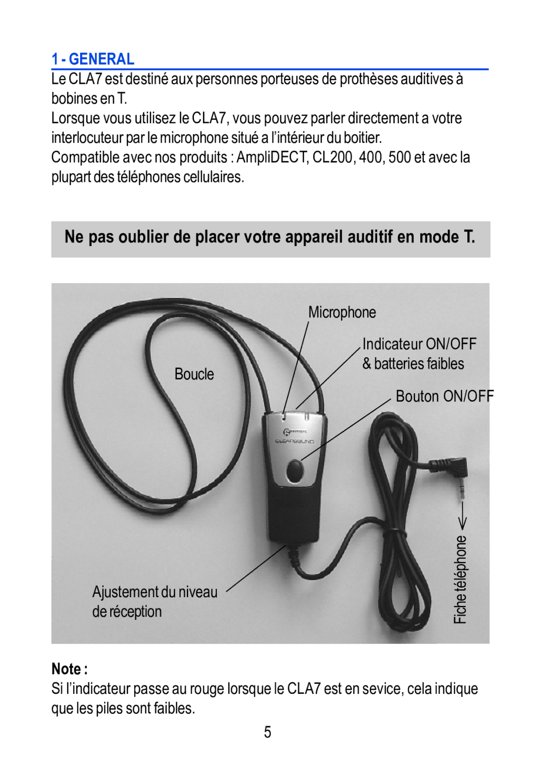 Geemarc CLA 7 manual Boucle, Microphone Indicateur ON/OFF 