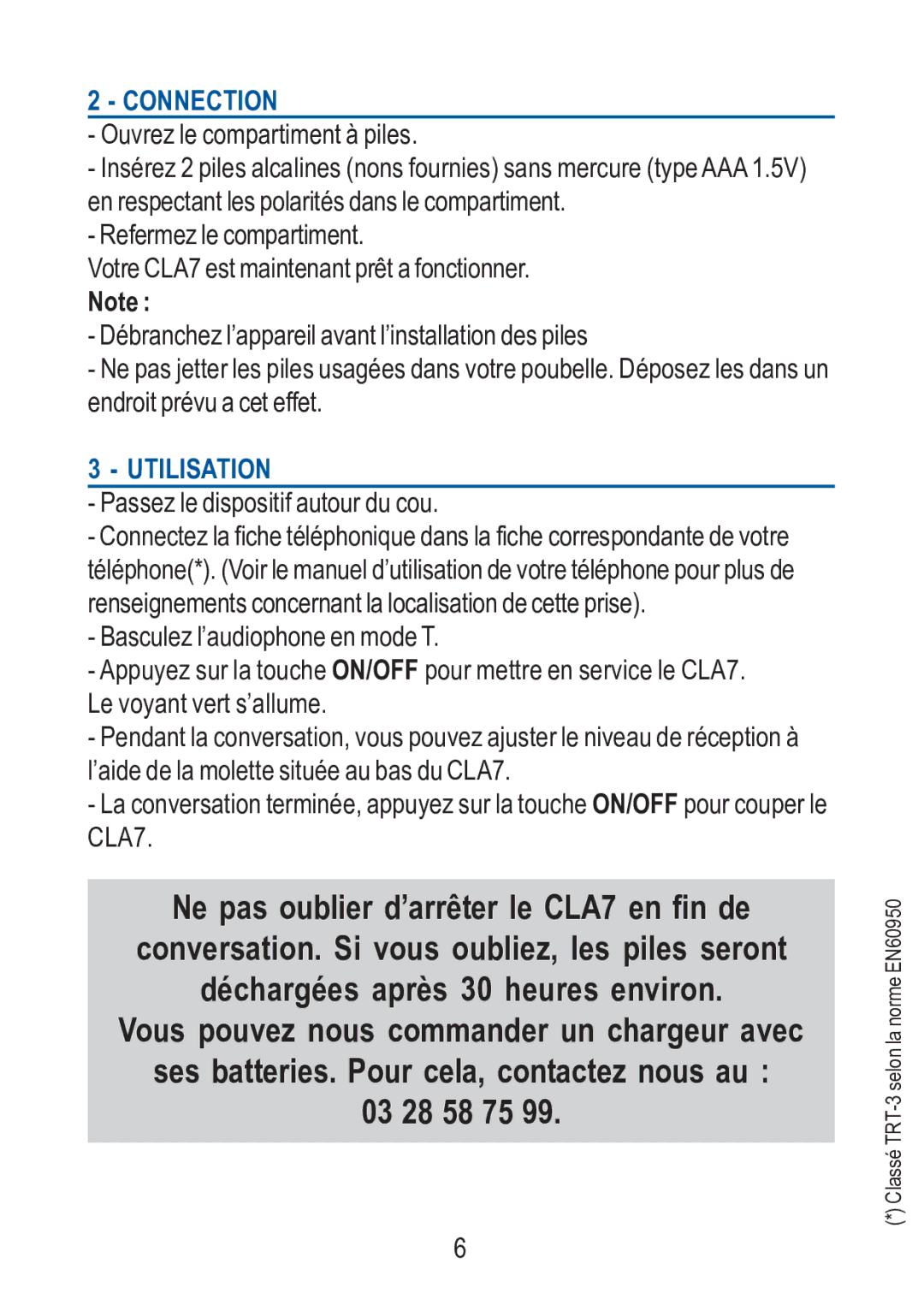 Geemarc CLA 7 manual Connection, Utilisation 