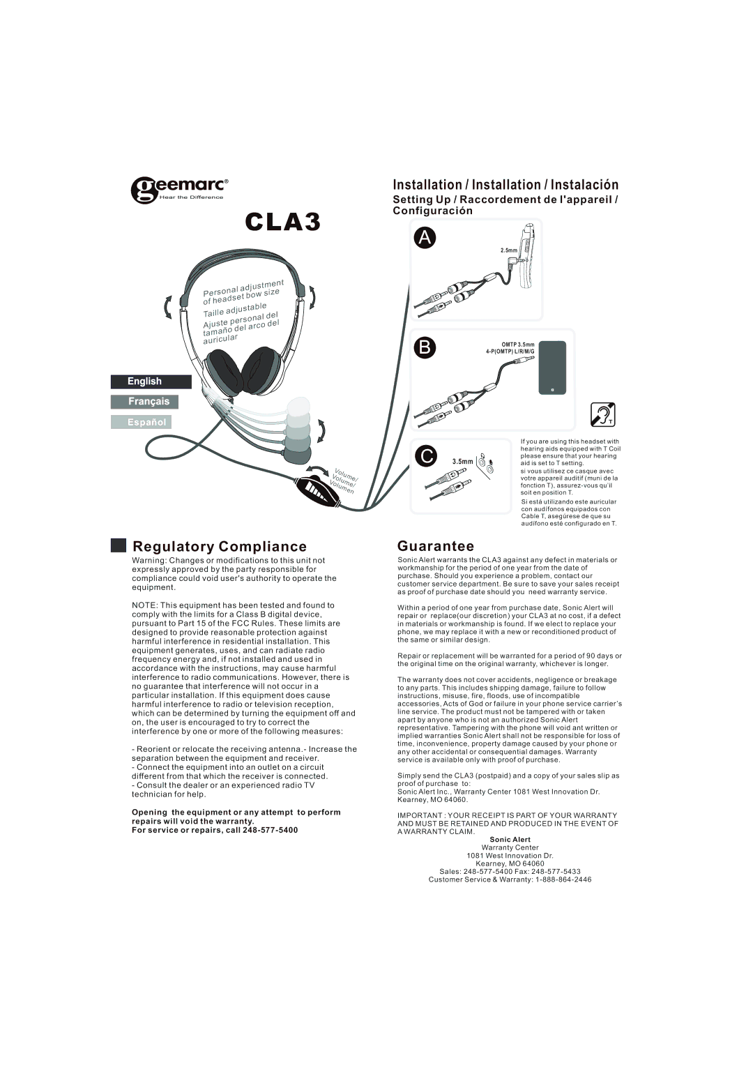 Geemarc CLA3 warranty Installation / Installation / Instalación, Regulatory Compliance, Guarantee 