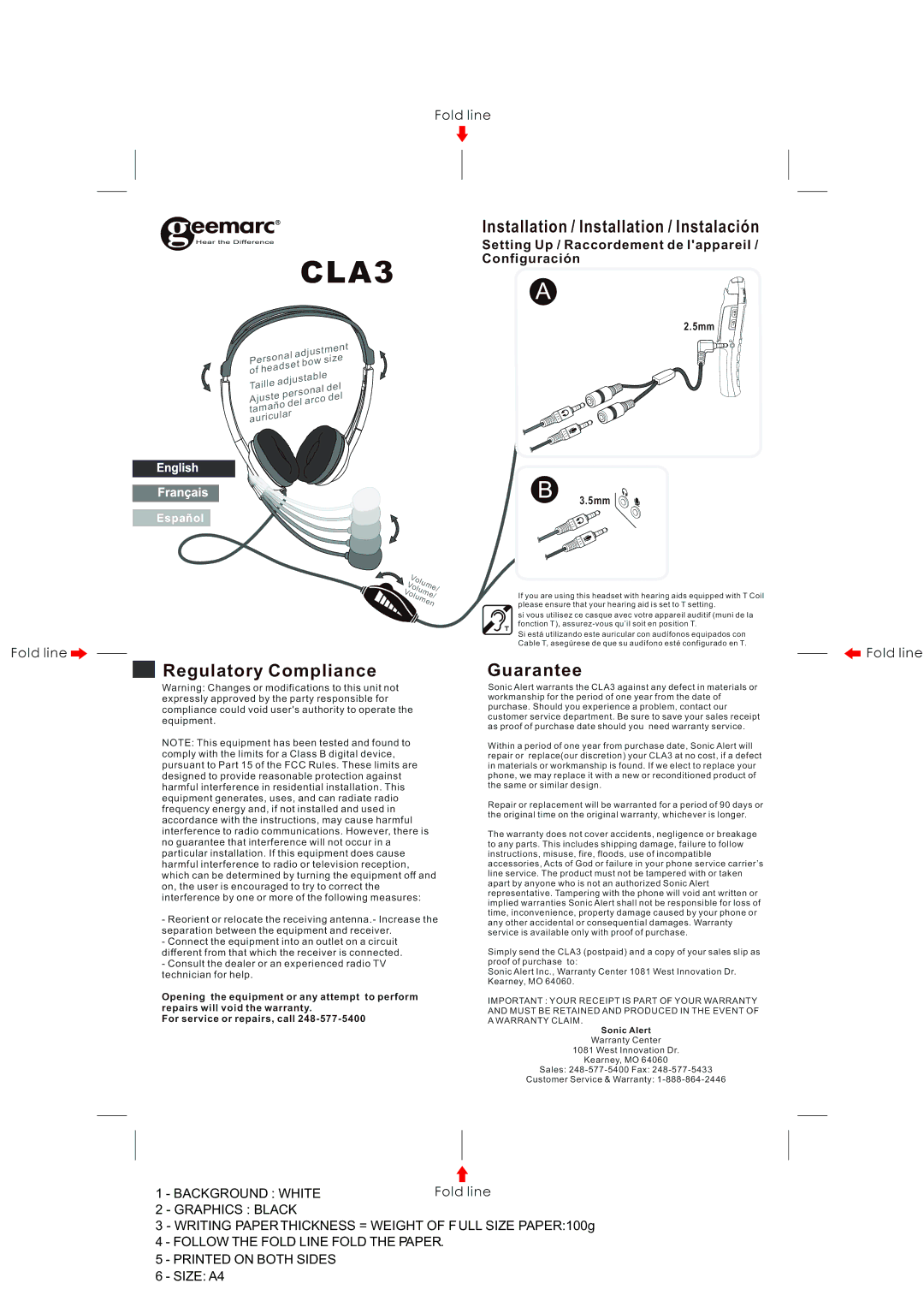 Geemarc CLA3 warranty Installation / Installation / Instalación, Regulatory Compliance, Guarantee, Sonic Alert 