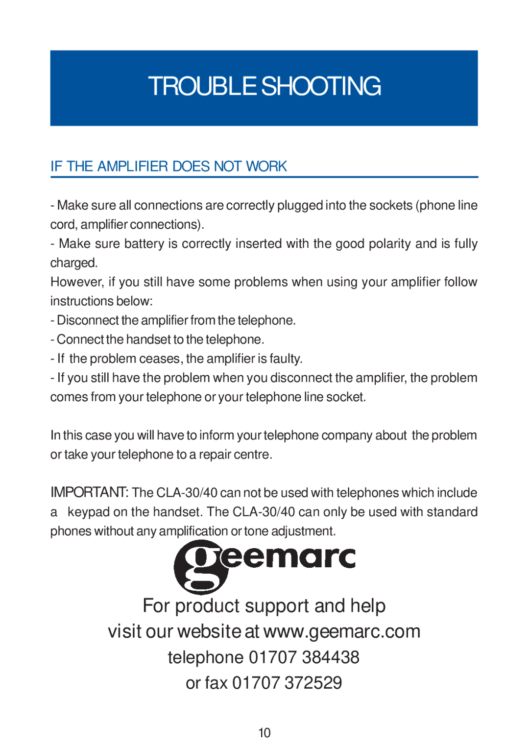 Geemarc CLA30/40 manual Trouble Shooting, If the Amplifier does not Work 