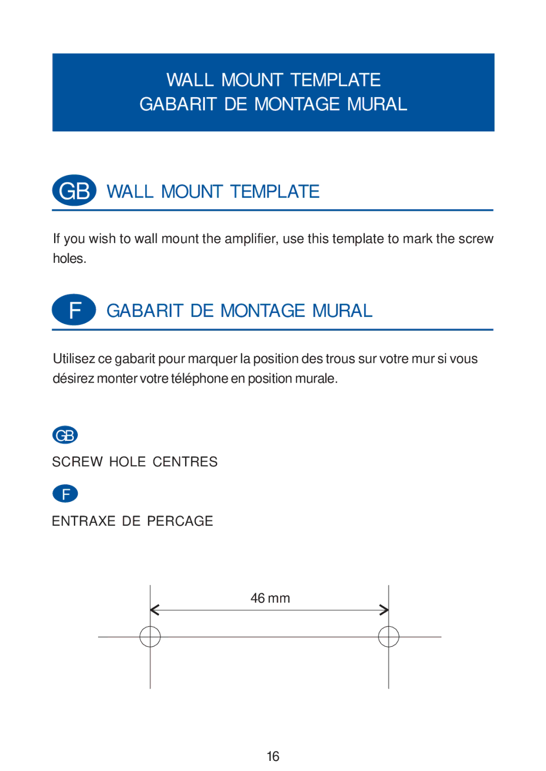 Geemarc CLA30/40 manual Wall Mount Template Gabarit DE Montage Mural 