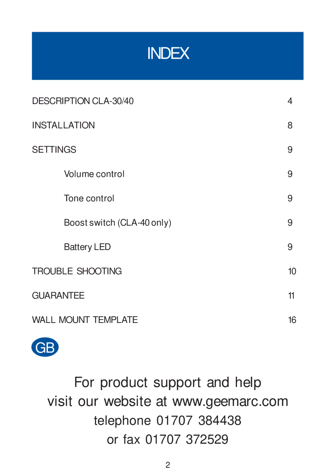 Geemarc CLA30/40 manual Index 