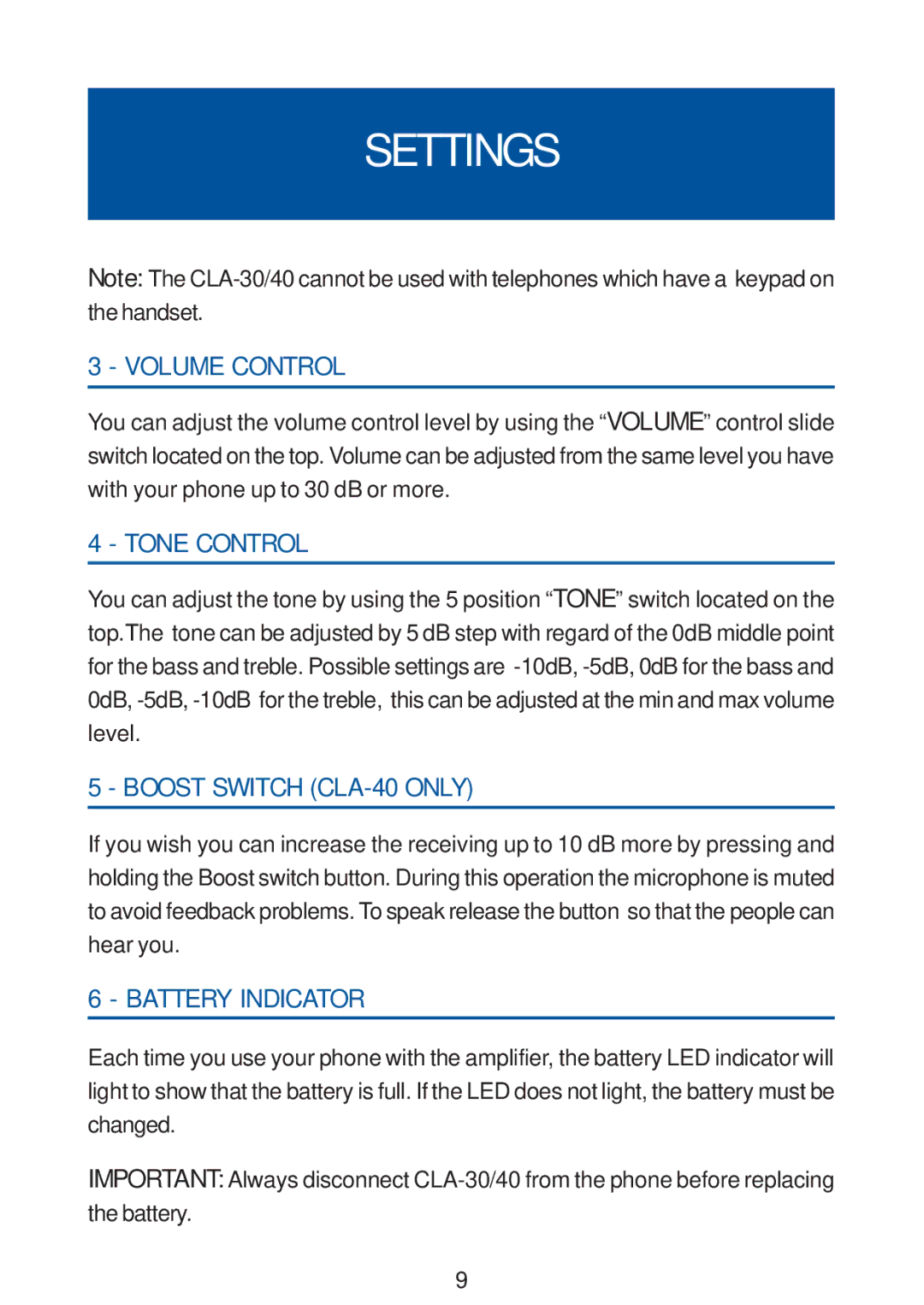 Geemarc CLA30/40 manual Settings, Volume Control, Tone Control, Boost Switch CLA-40 only, Battery Indicator 