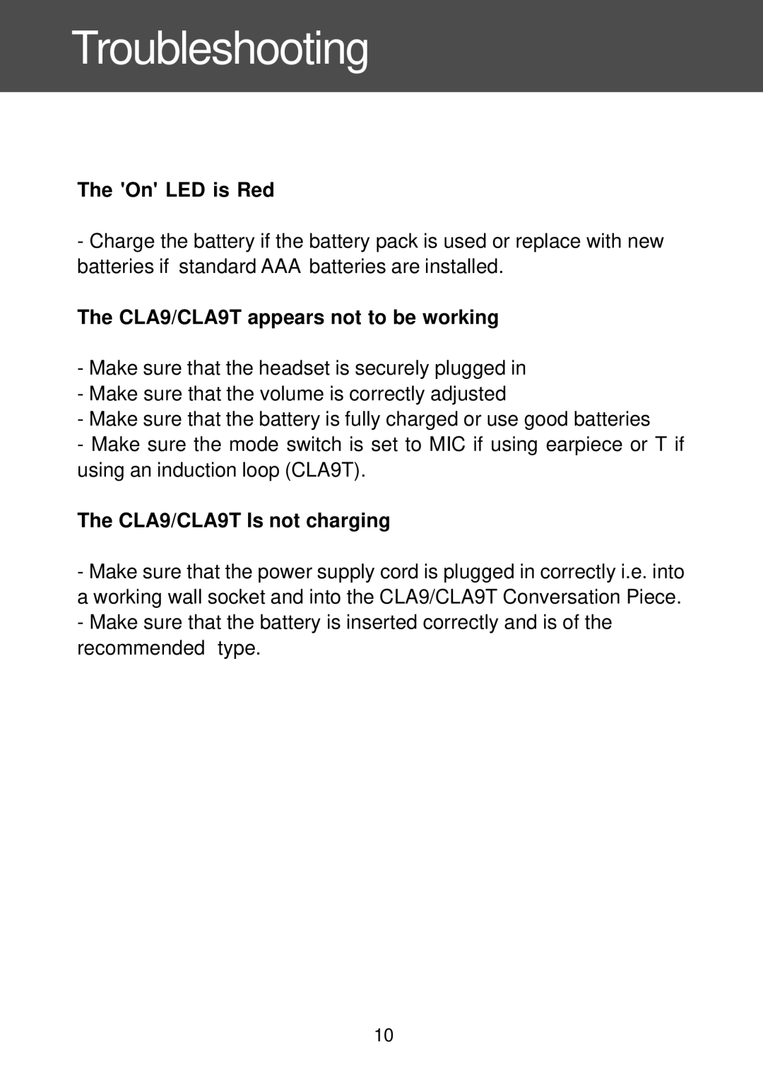 Geemarc manual Troubleshooting, On LED is Red, CLA9/CLA9T appears not to be working, CLA9/CLA9T Is not charging 