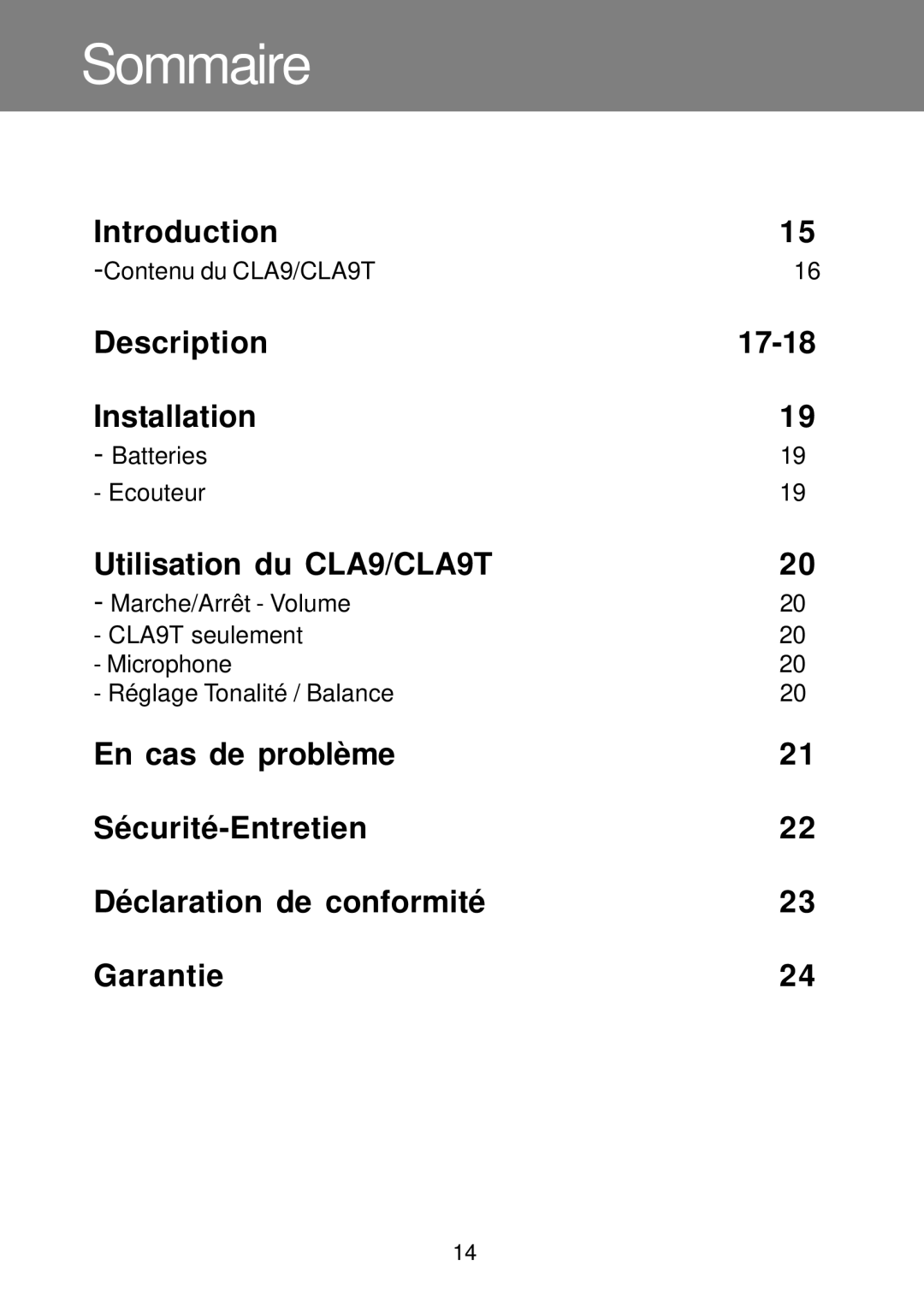 Geemarc Sommaire, Description 17-18 Installation, Utilisation du CLA9/CLA9T, Contenu du CLA9/CLA9T, Batteries Ecouteur 