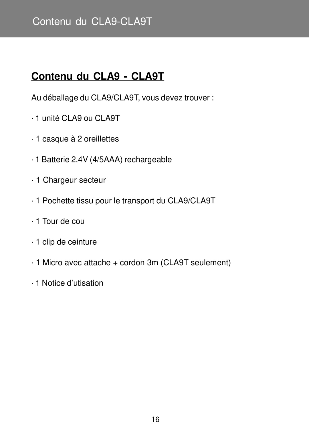 Geemarc manual Contenu du CLA9 CLA9T 