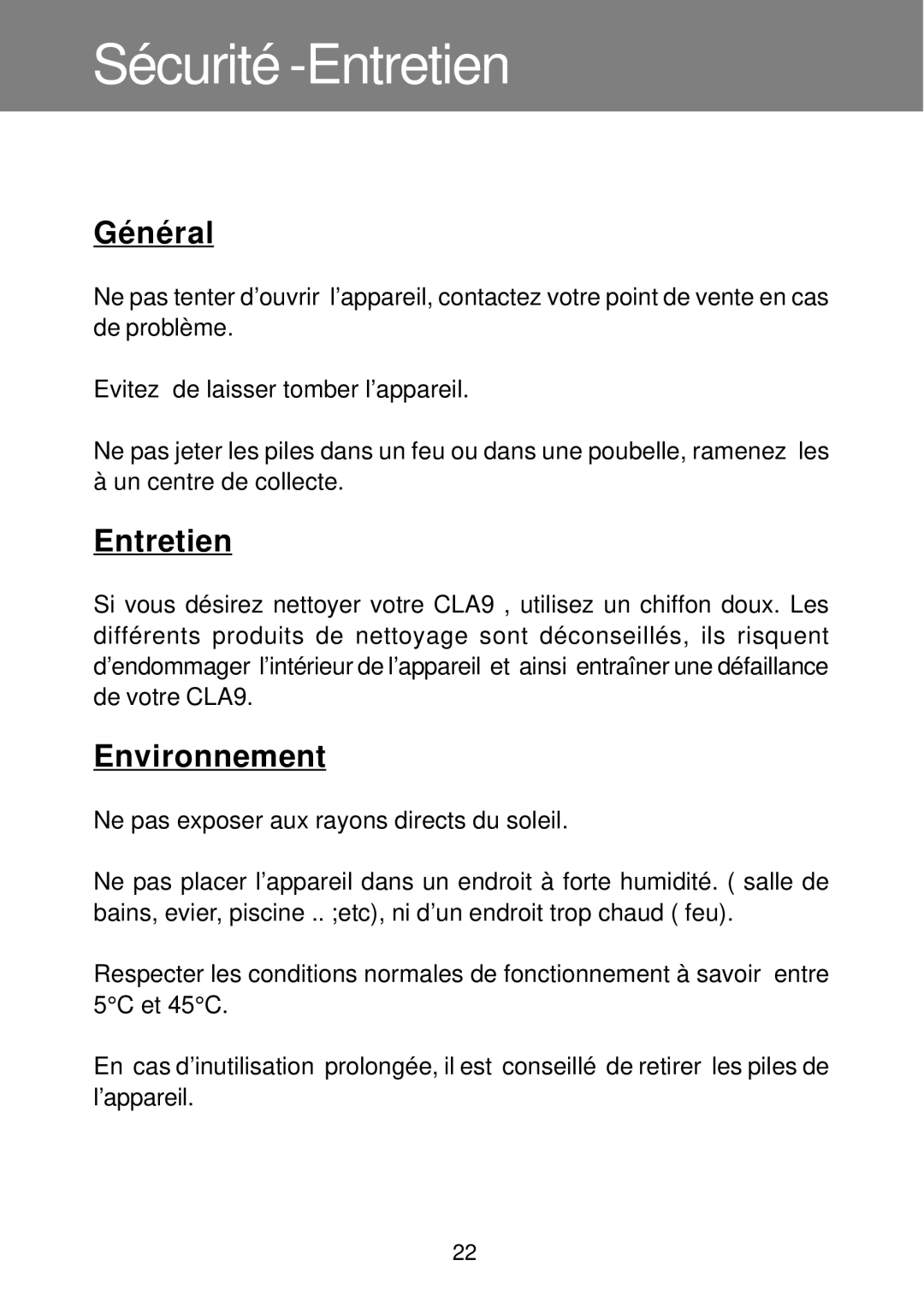 Geemarc CLA9T manual Sécurité -Entretien, Général, Environnement 