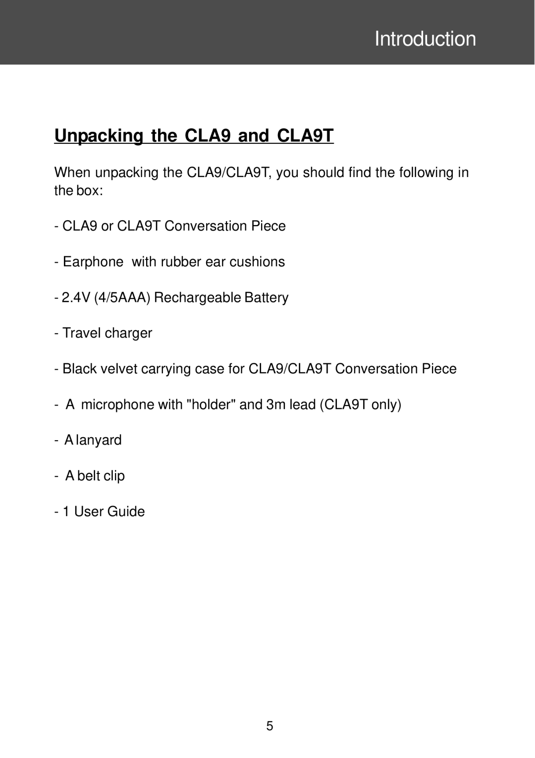 Geemarc manual Introduction, Unpacking the CLA9 and CLA9T 