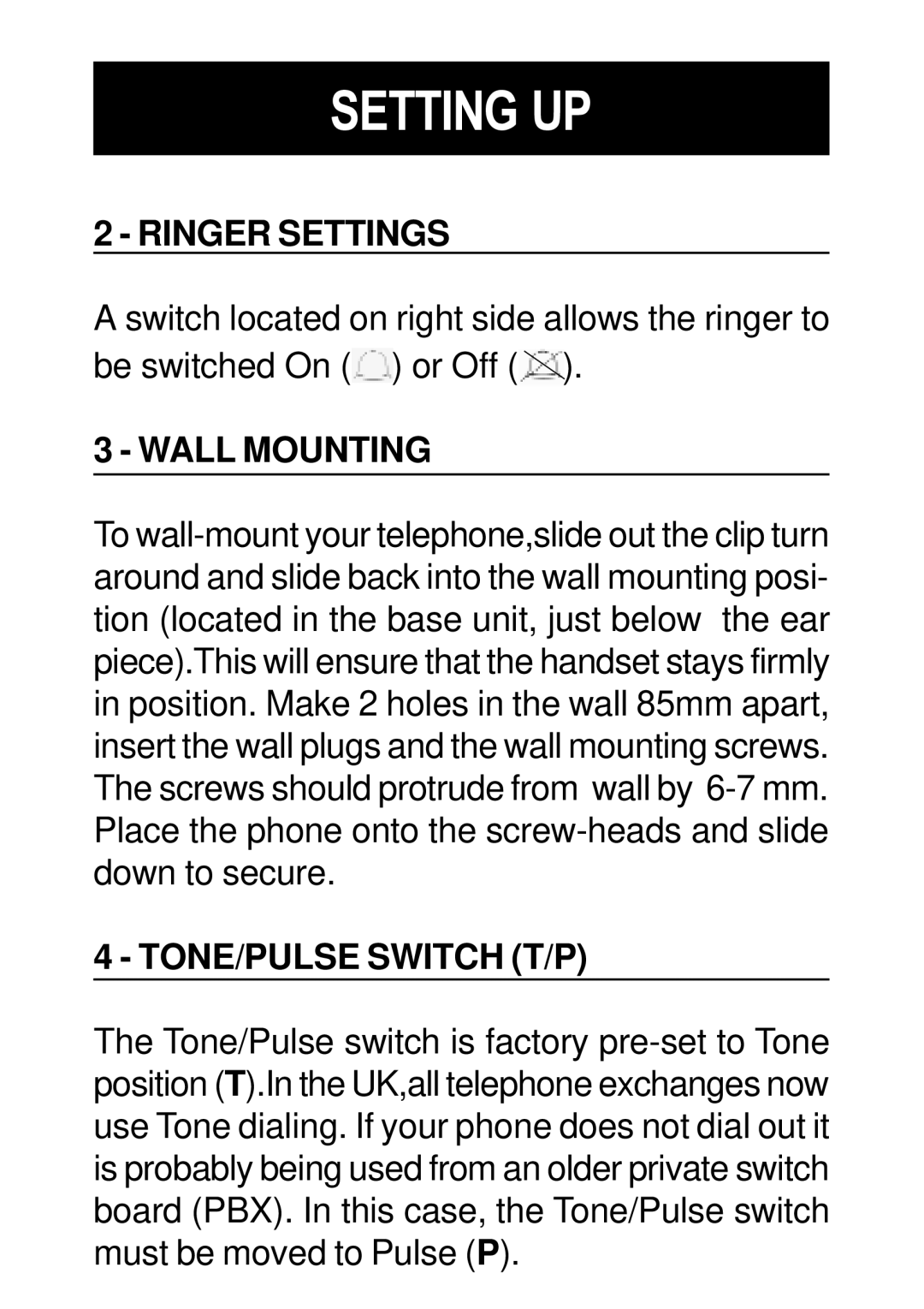 Geemarc Dallas 10 manual Ringer Settings, Wall Mounting, TONE/PULSE Switch T/P 