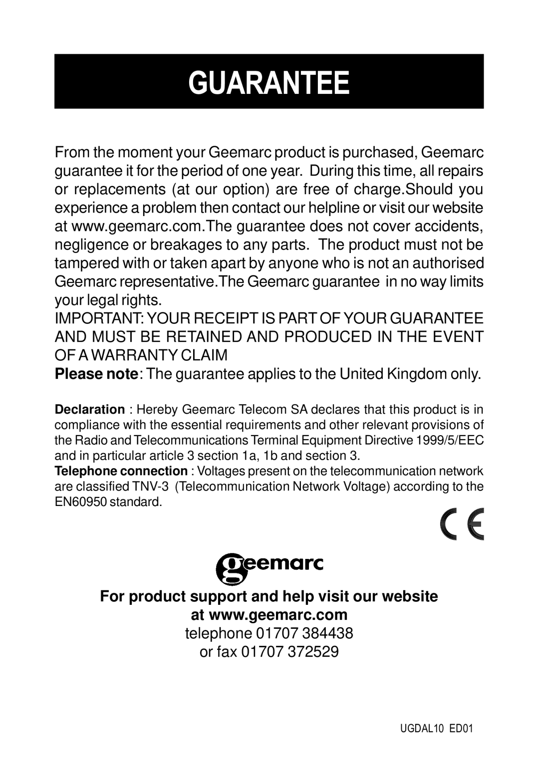 Geemarc Dallas 10 manual Guarantee 