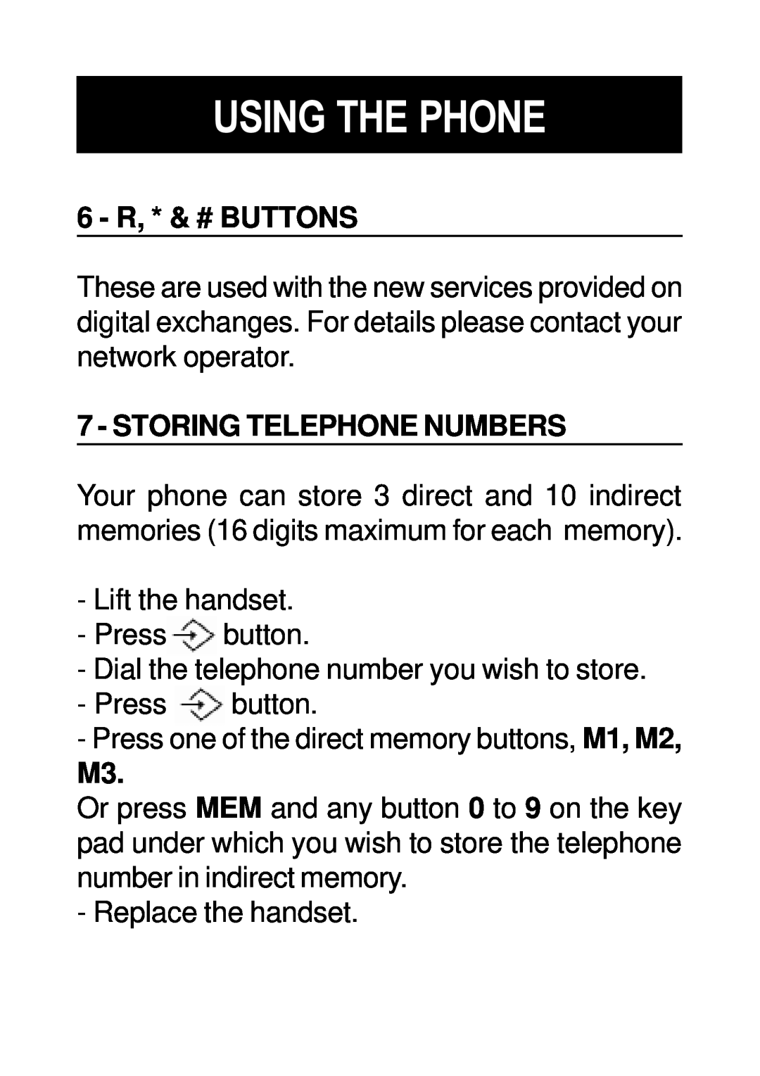 Geemarc Dallas 10 manual 6 - R, * & # BUTTONS, Storing Telephone Numbers, Using The Phone 