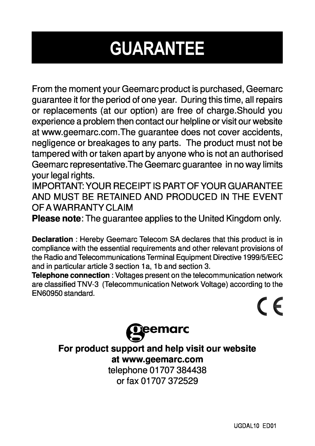Geemarc Dallas 10 manual Guarantee, Please note The guarantee applies to the United Kingdom only 