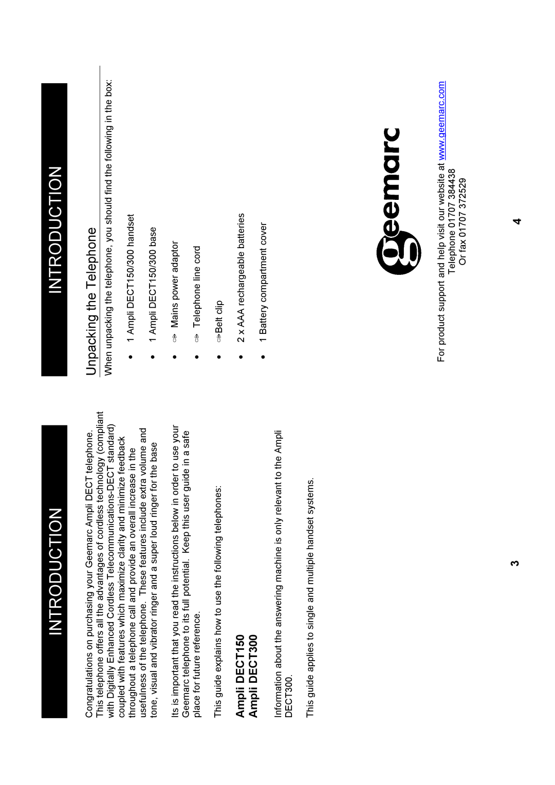 Geemarc Dect 300, Dect 150 manual Introduction, Unpacking the Telephone, Ampli DECT150 Ampli DECT300 