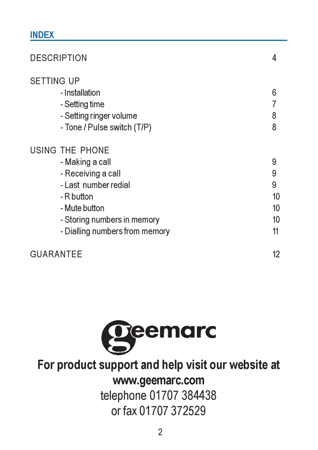 Geemarc Jupiter 10 manual Index, Using the Phone 