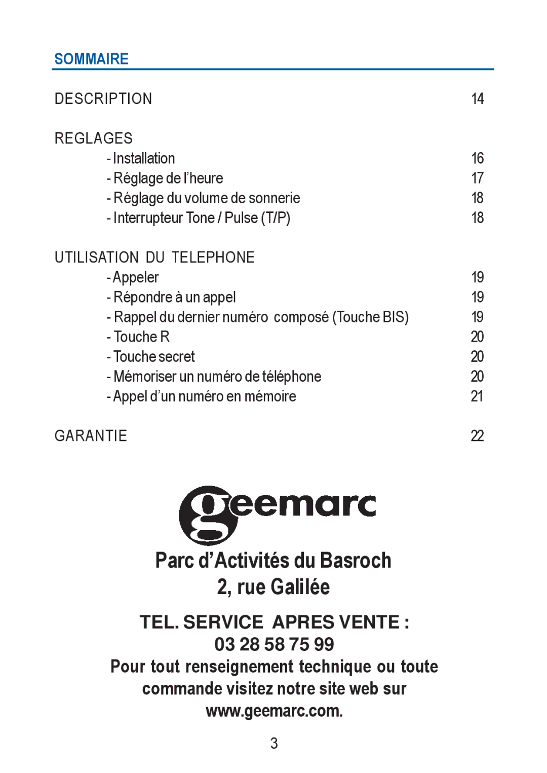 Geemarc Jupiter 10 manual Sommaire, Description Reglages 