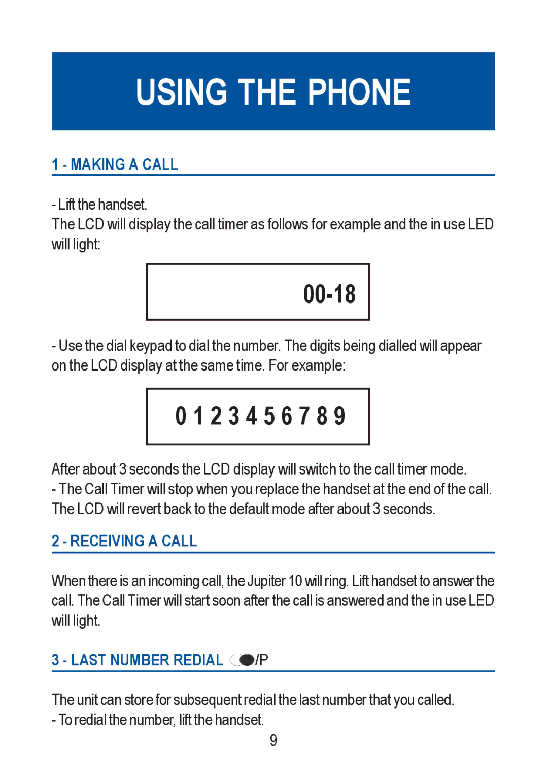 Geemarc Jupiter 10 manual Using the Phone, 00-18, Making a Call, Receiving a Call, Last Number Redial /P 