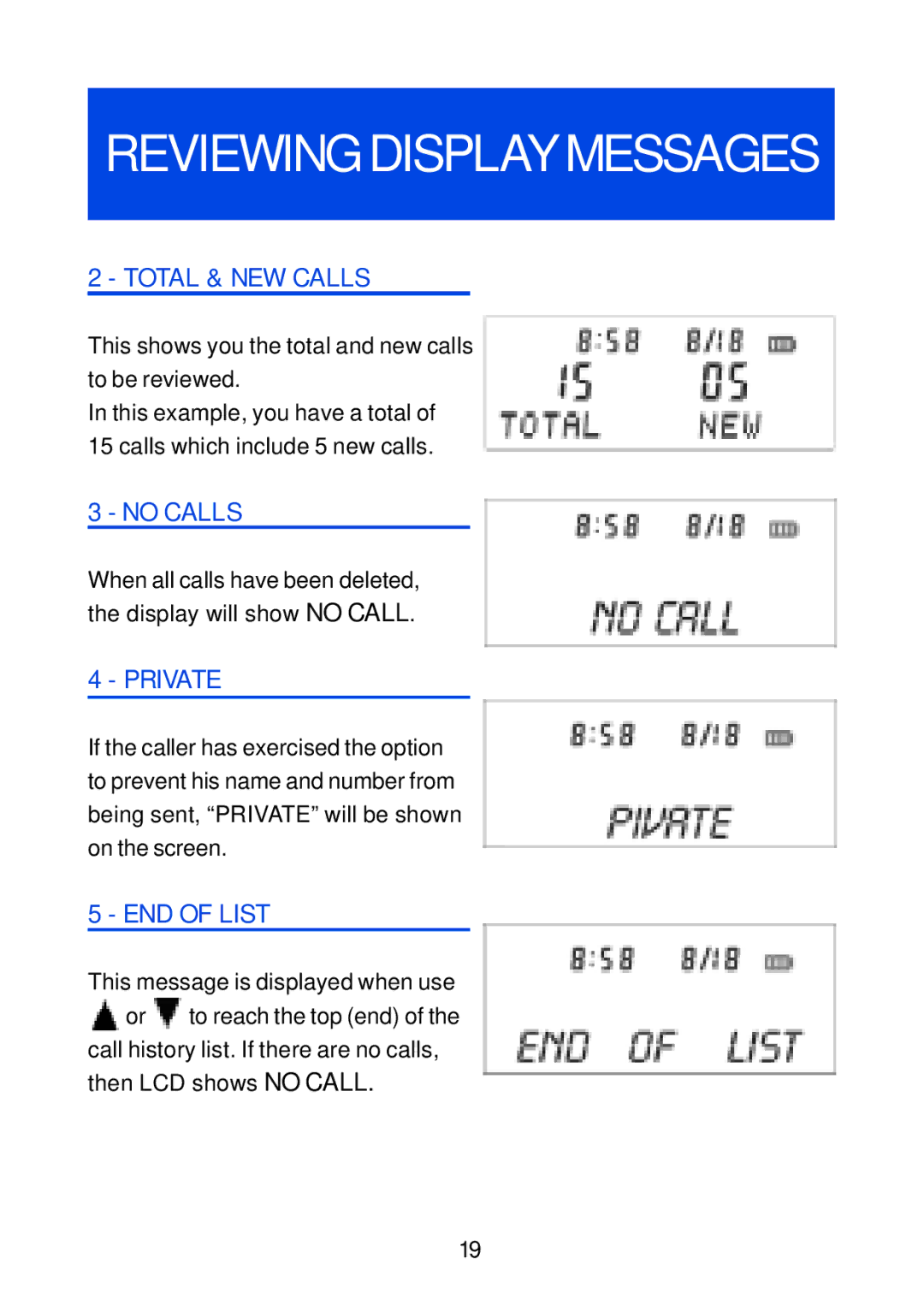 Geemarc Jupiter 4 Total & NEW Calls, This shows you the total and new calls to be reviewed, No Calls, Private, END of List 