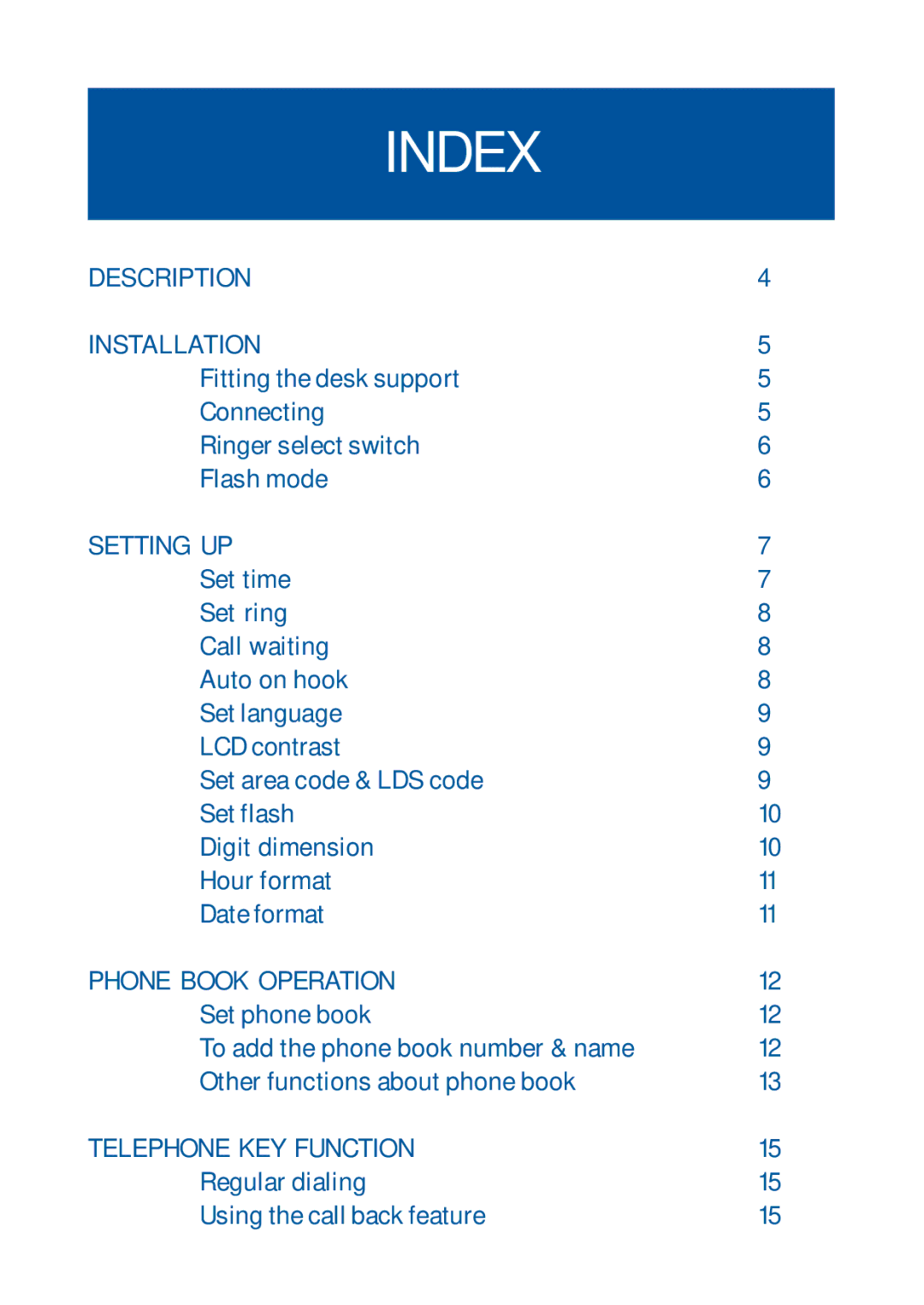 Geemarc Jupiter 4 manual Index, Description Installation, Setting UP, Phone Book Operation, Telephone KEY Function 