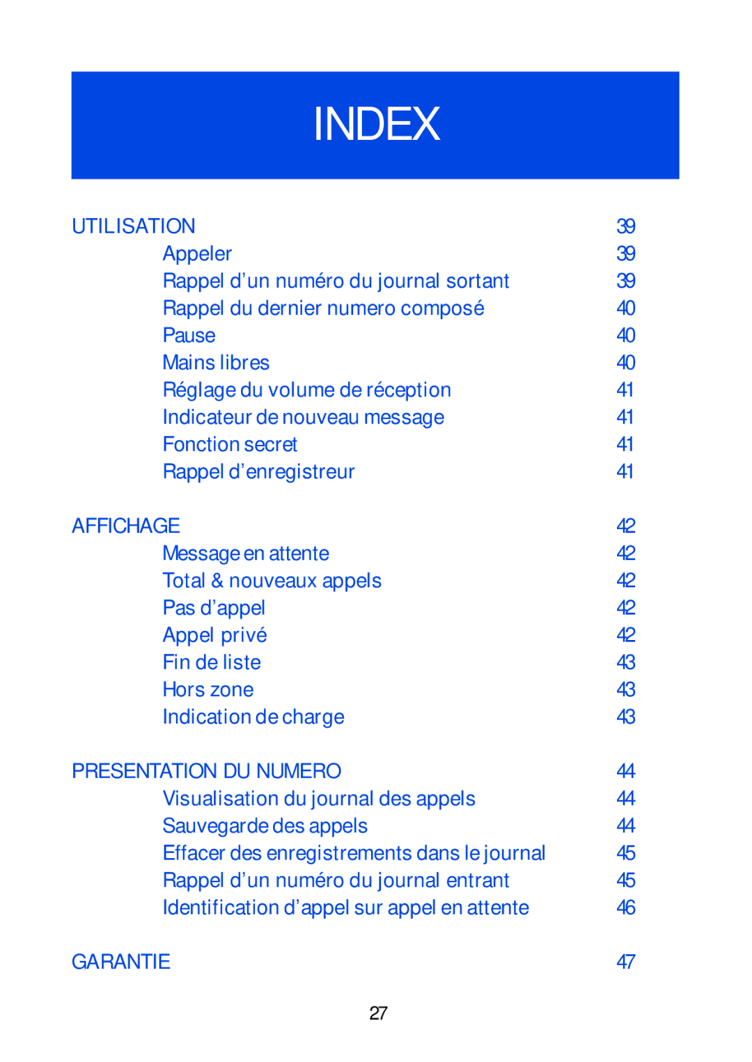 Geemarc Jupiter 4 manual Utilisation, Affichage, Presentation DU Numero, Garantie 