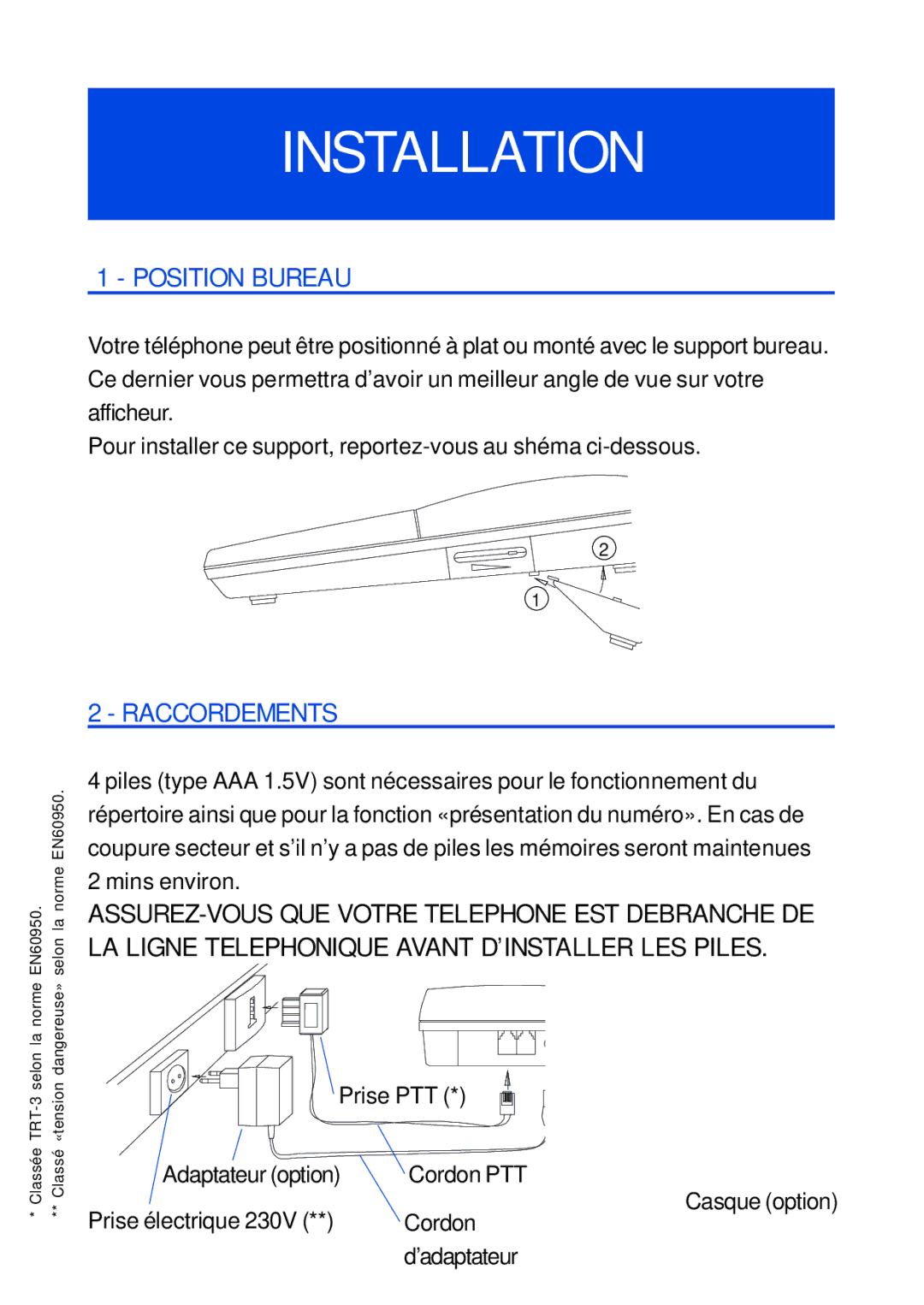 Geemarc Jupiter 4 manual Position Bureau, Raccordements, Prise PTT Adaptateur option Cordon PTT, ’adaptateur 