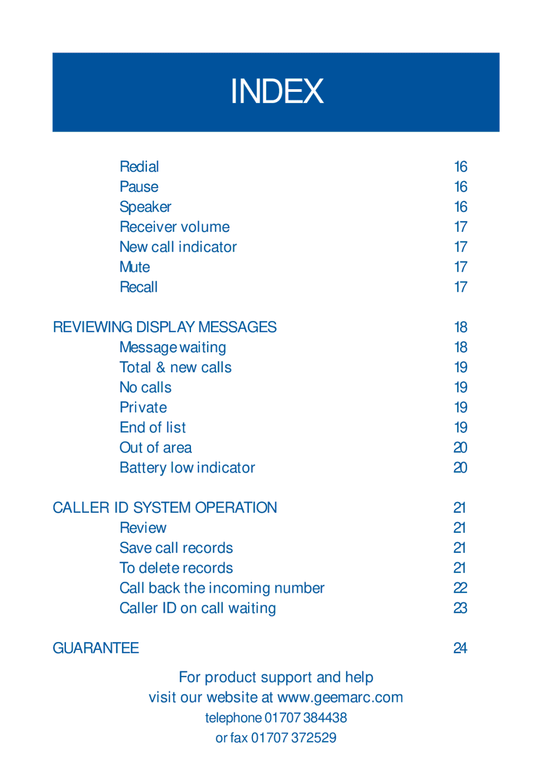 Geemarc Jupiter 4 manual Reviewing Display Messages, Caller ID System Operation, Guarantee 