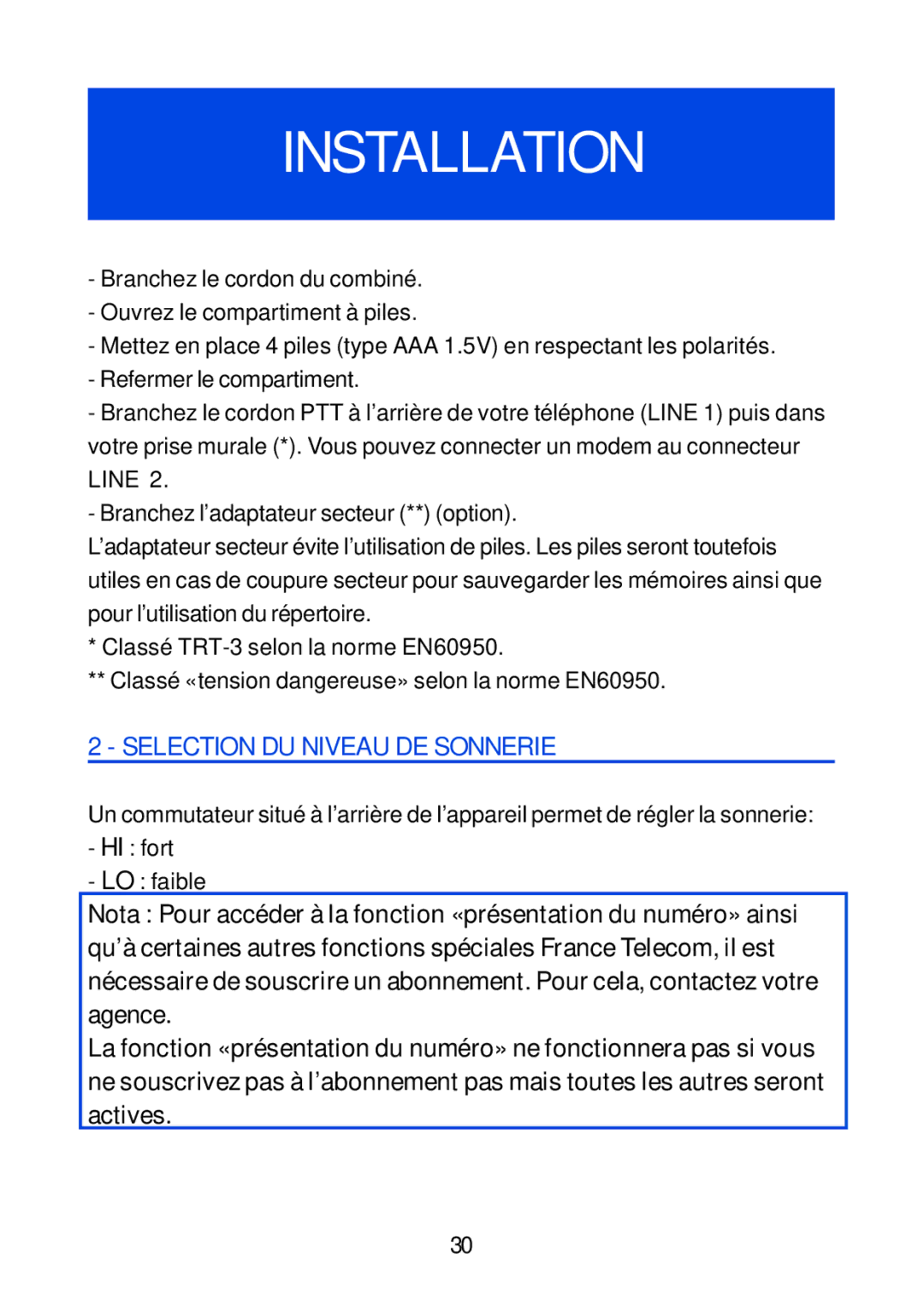 Geemarc Jupiter 4 manual Branchez le cordon du combiné Ouvrez le compartiment à piles, Selection DU Niveau DE Sonnerie 