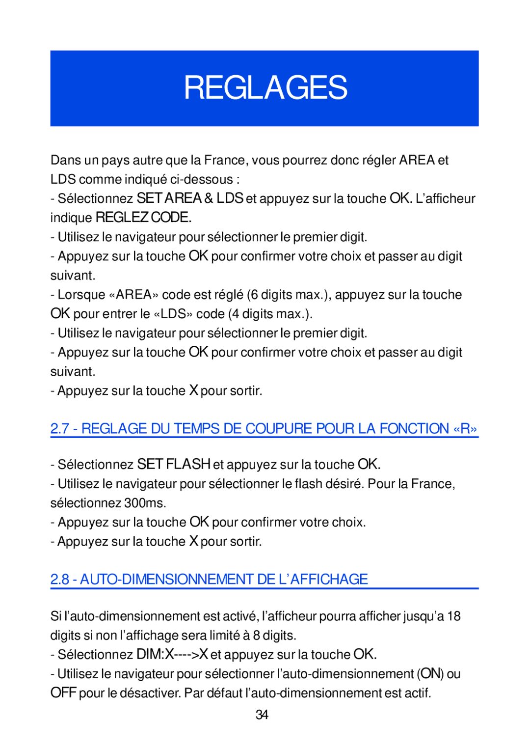 Geemarc Jupiter 4 manual Auto-Dimensionnement De L’Affichage, Sélectionnez DIMX----X et appuyez sur la touche OK 