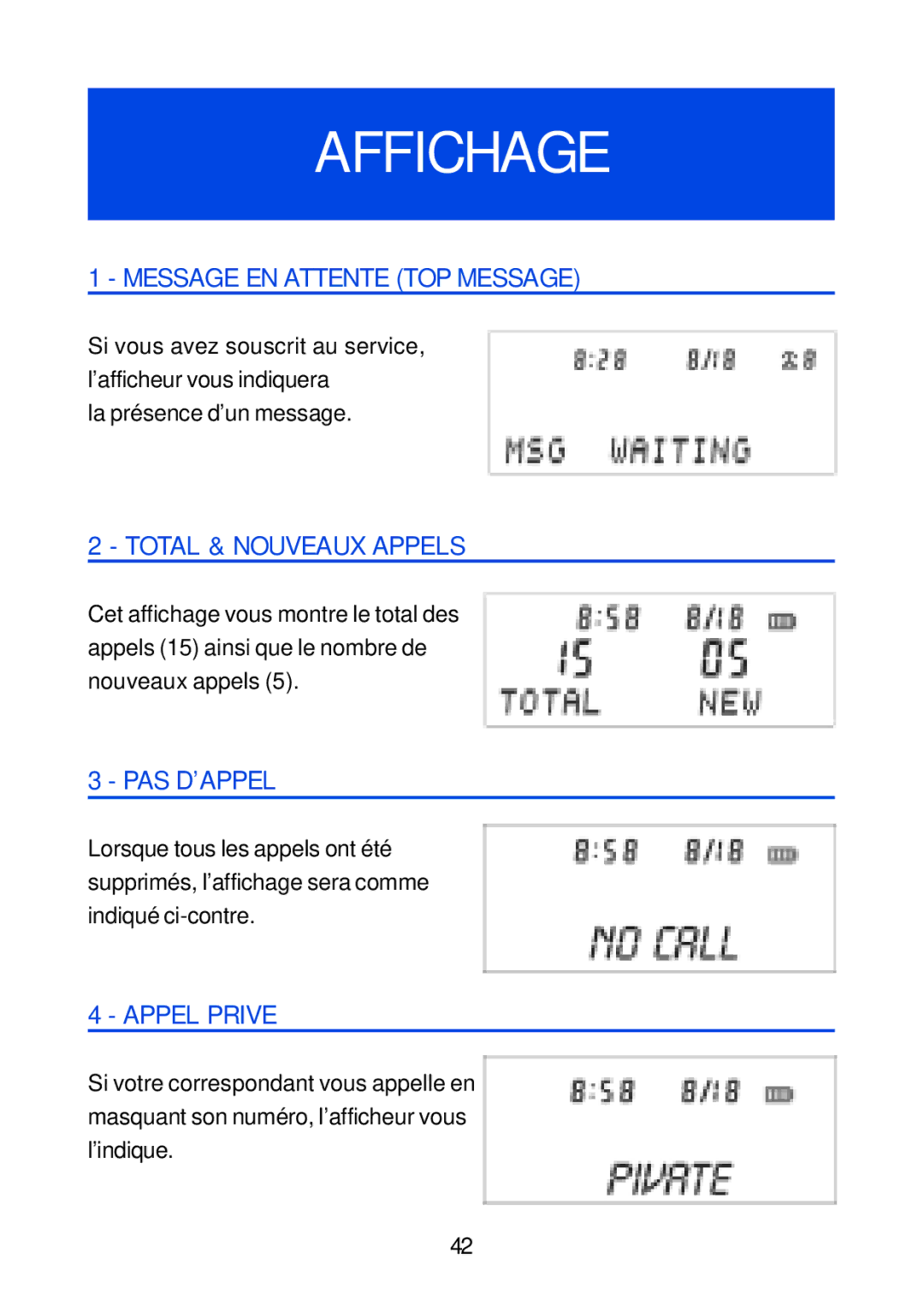 Geemarc Jupiter 4 manual Affichage, Message EN Attente TOP Message, Total & Nouveaux Appels, Pas D’Appel, Appel Prive 