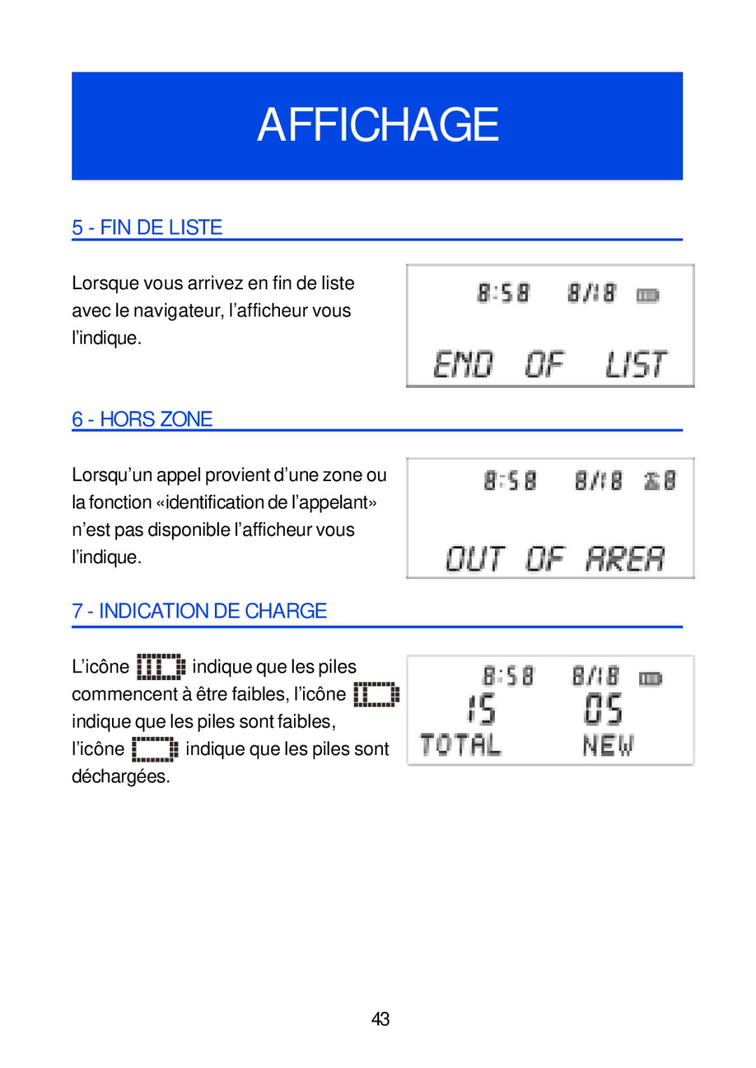 Geemarc Jupiter 4 manual FIN DE Liste, Hors Zone, Indication DE Charge, ’icône indique que les piles sont déchargées 