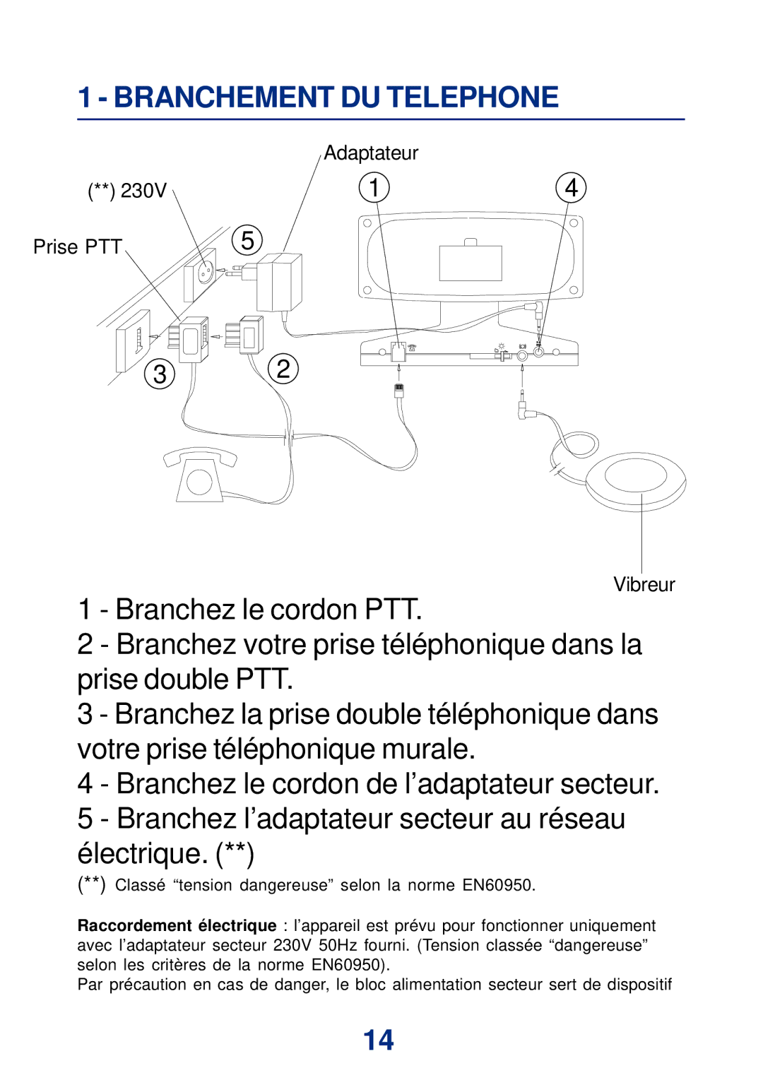 Geemarc Large Display Alarm Clock manual Branchement DU Telephone 