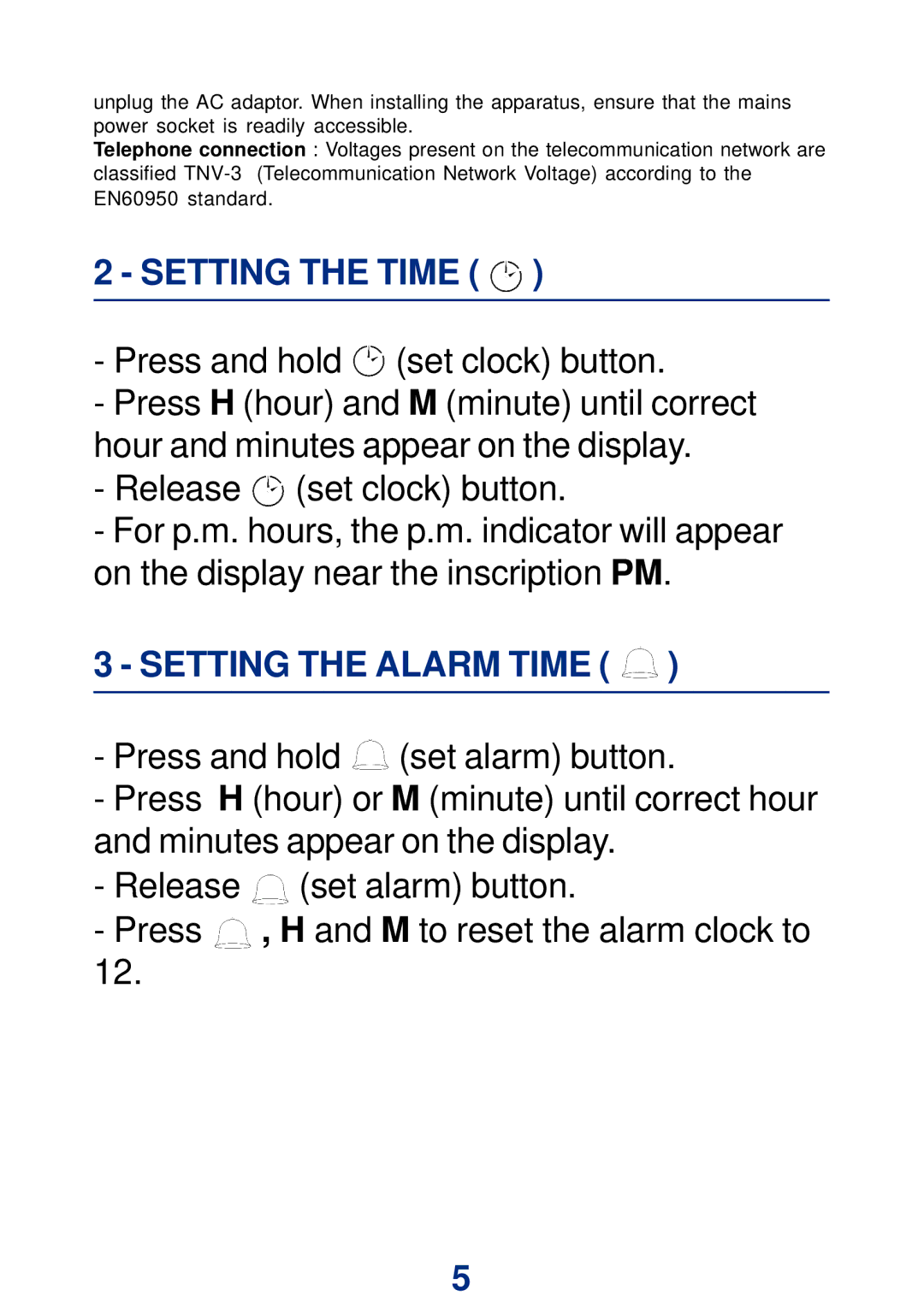 Geemarc Large Display Alarm Clock manual Setting the Time, Setting the Alarm Time 