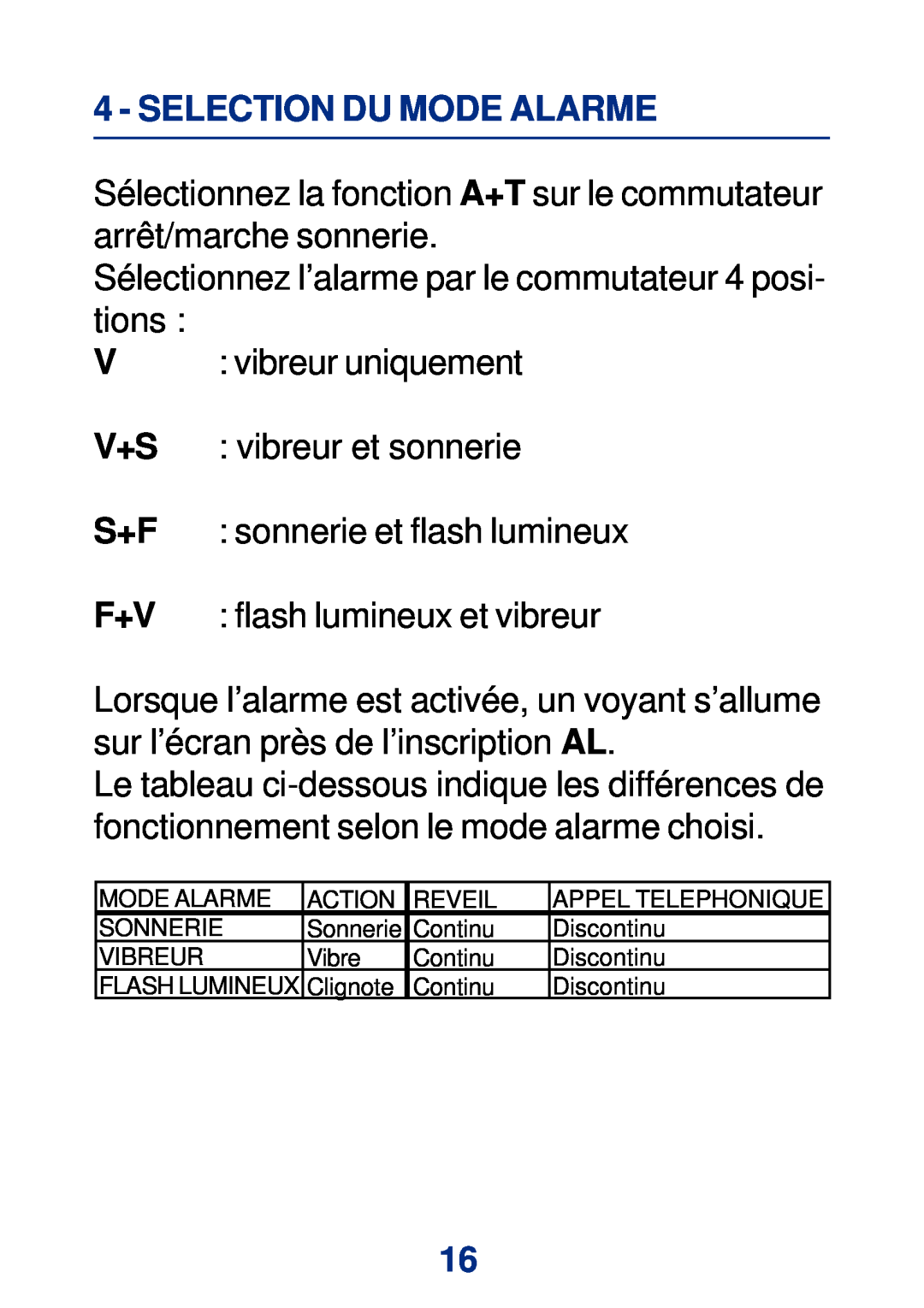 Geemarc Large Display Alarm Clock manual Selection Du Mode Alarme, V+S S+F F+V 