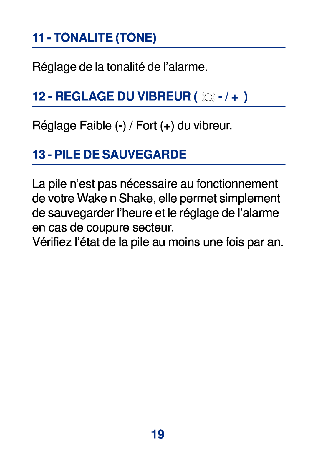Geemarc Large Display Alarm Clock manual Tonalite Tone, Reglage Du Vibreur - / +, Pile De Sauvegarde 