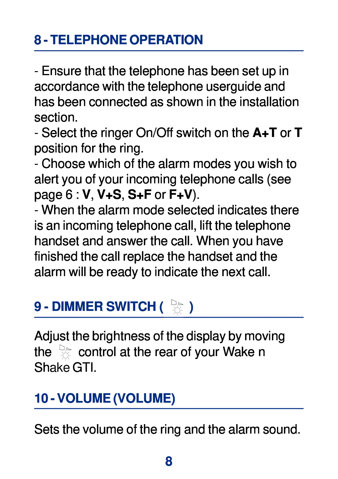 Geemarc Large Display Alarm Clock manual Telephone Operation, Dimmer Switch, Volume Volume 