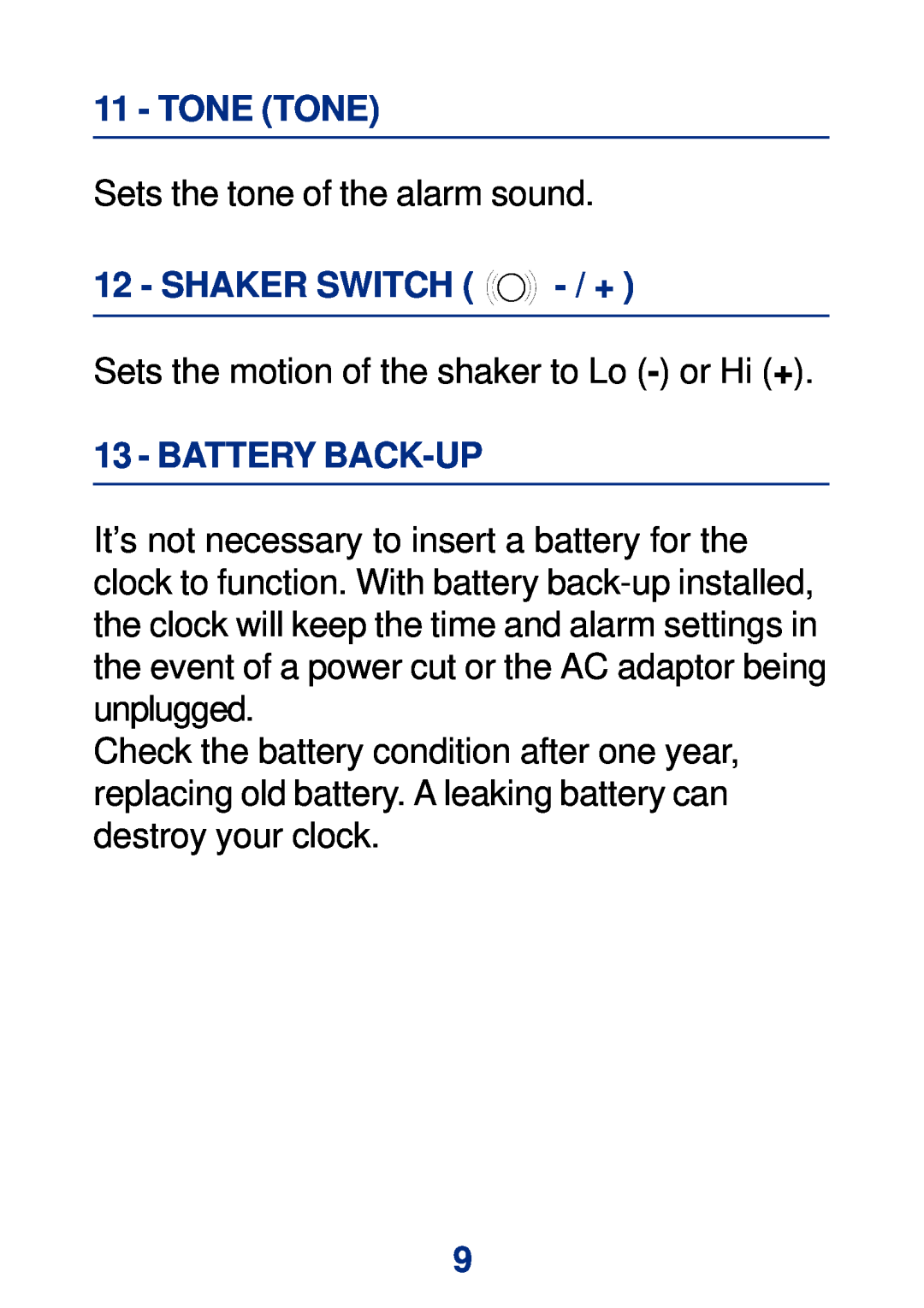 Geemarc Large Display Alarm Clock manual Tone Tone, Shaker Switch - / +, Battery Back-Up 